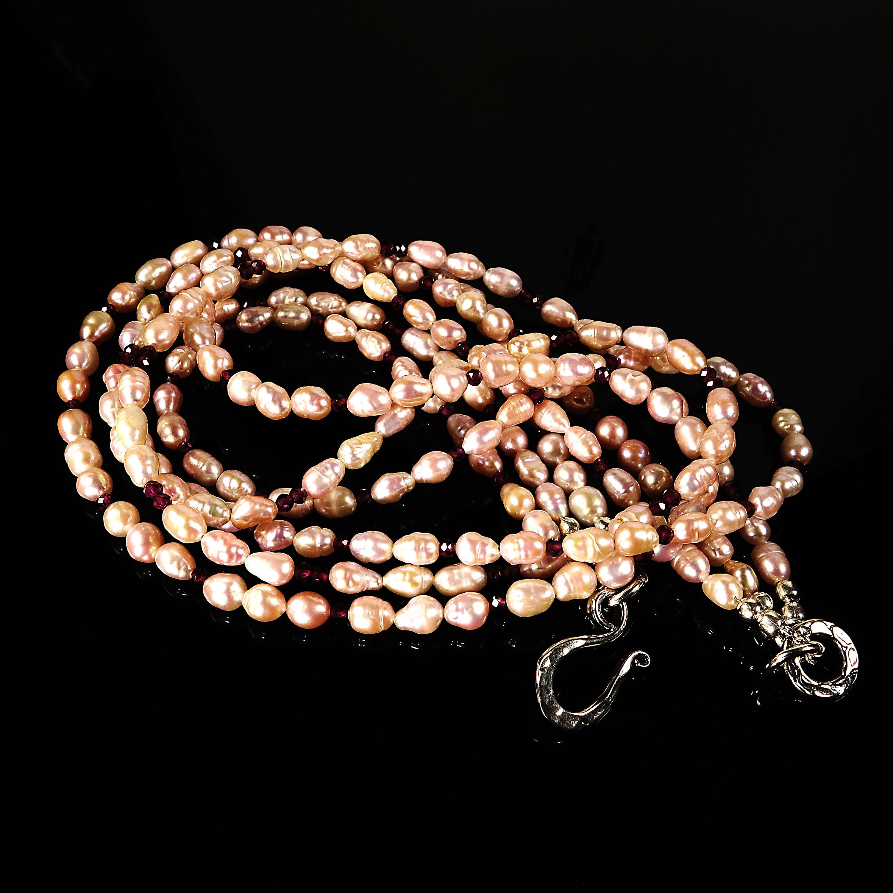 AJD 3 Strand Mauve Pearl and Garnet 20 Inch Necklace with Sterling Clasp  In New Condition In Raleigh, NC
