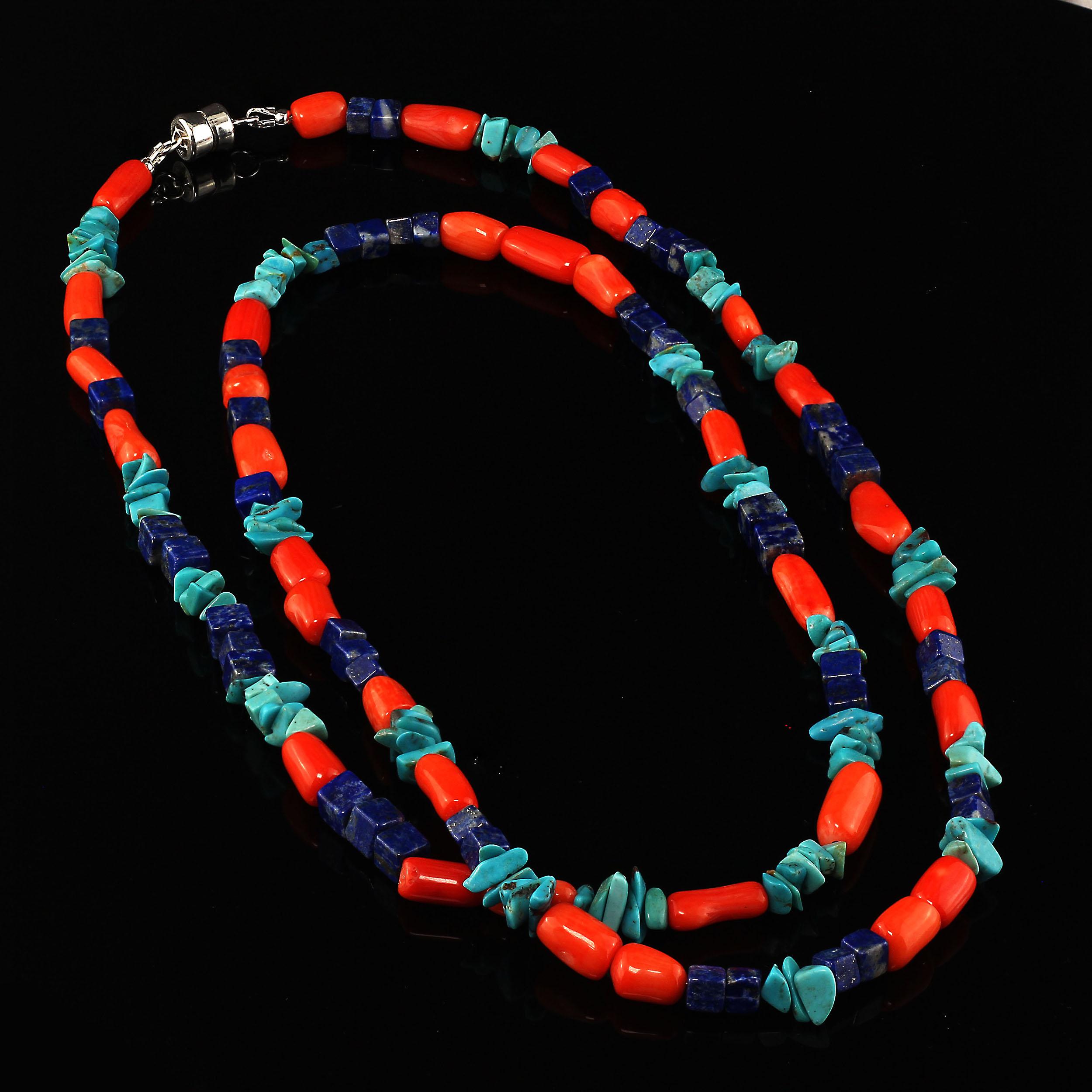 Artisan Gemjunky Southwest Style Necklace of Coral, Lapis, and Turquoise