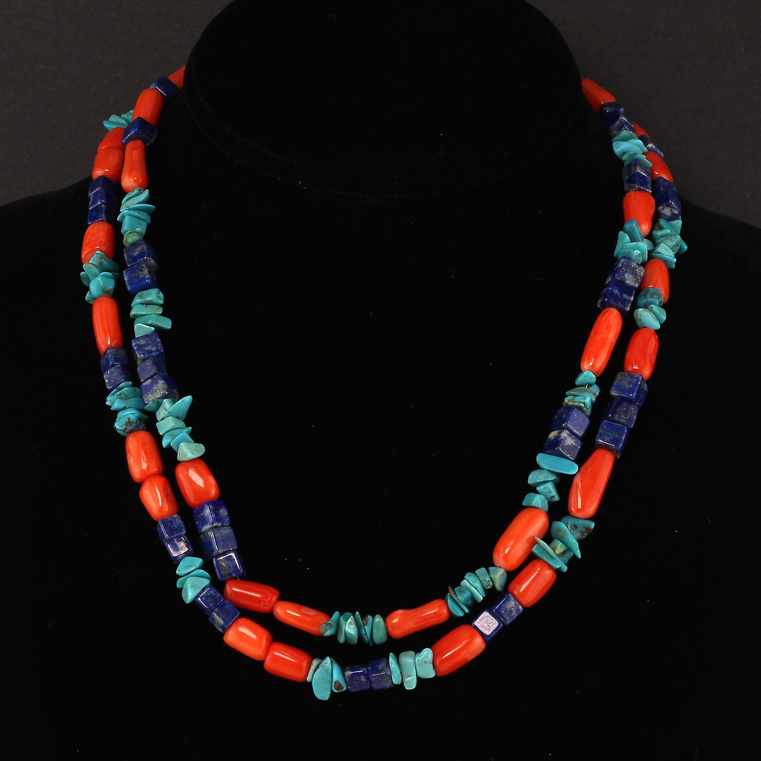 Gemjunky Southwest Style Necklace of Coral, Lapis, and Turquoise In New Condition In Raleigh, NC
