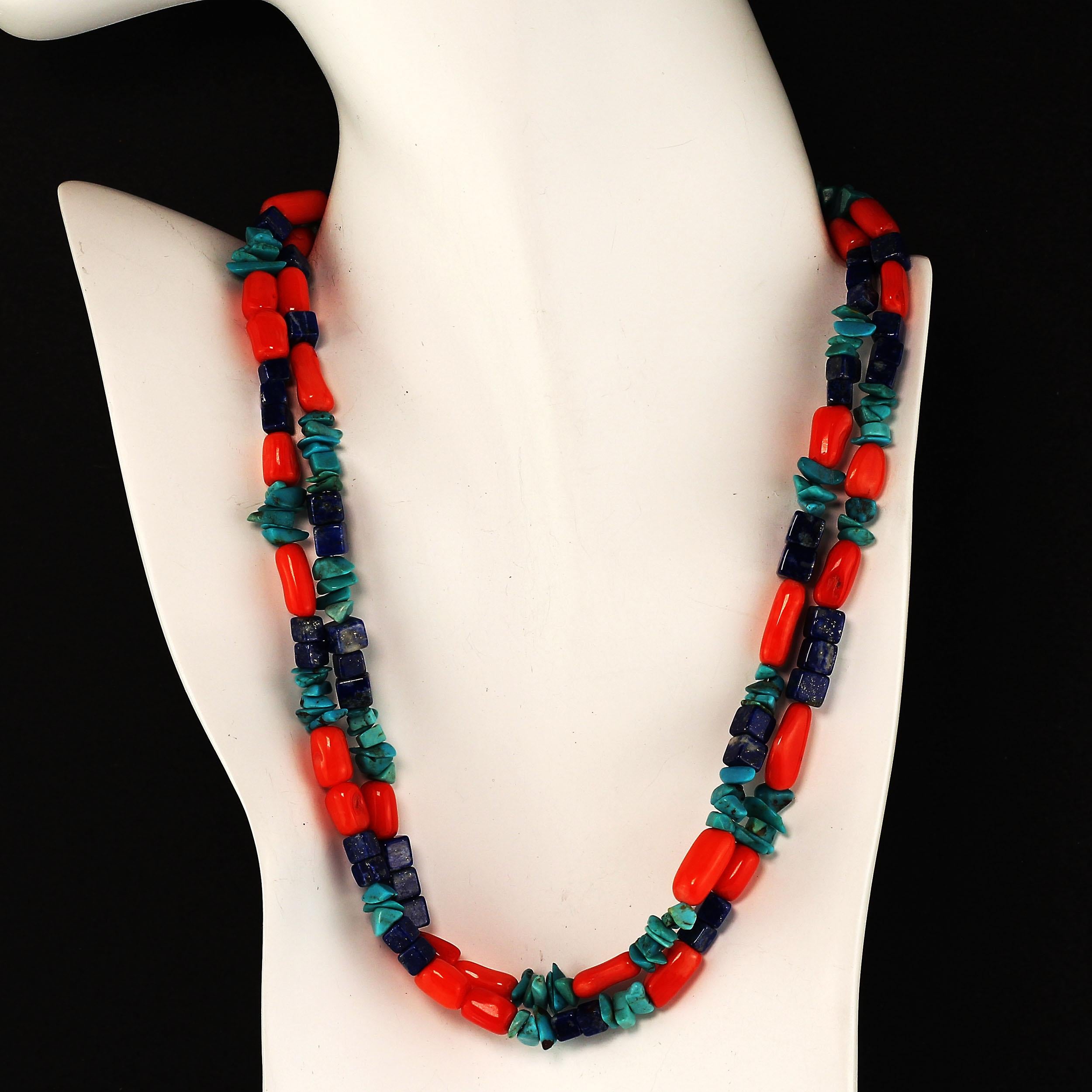 Women's or Men's Gemjunky Southwest Style Necklace of Coral, Lapis, and Turquoise