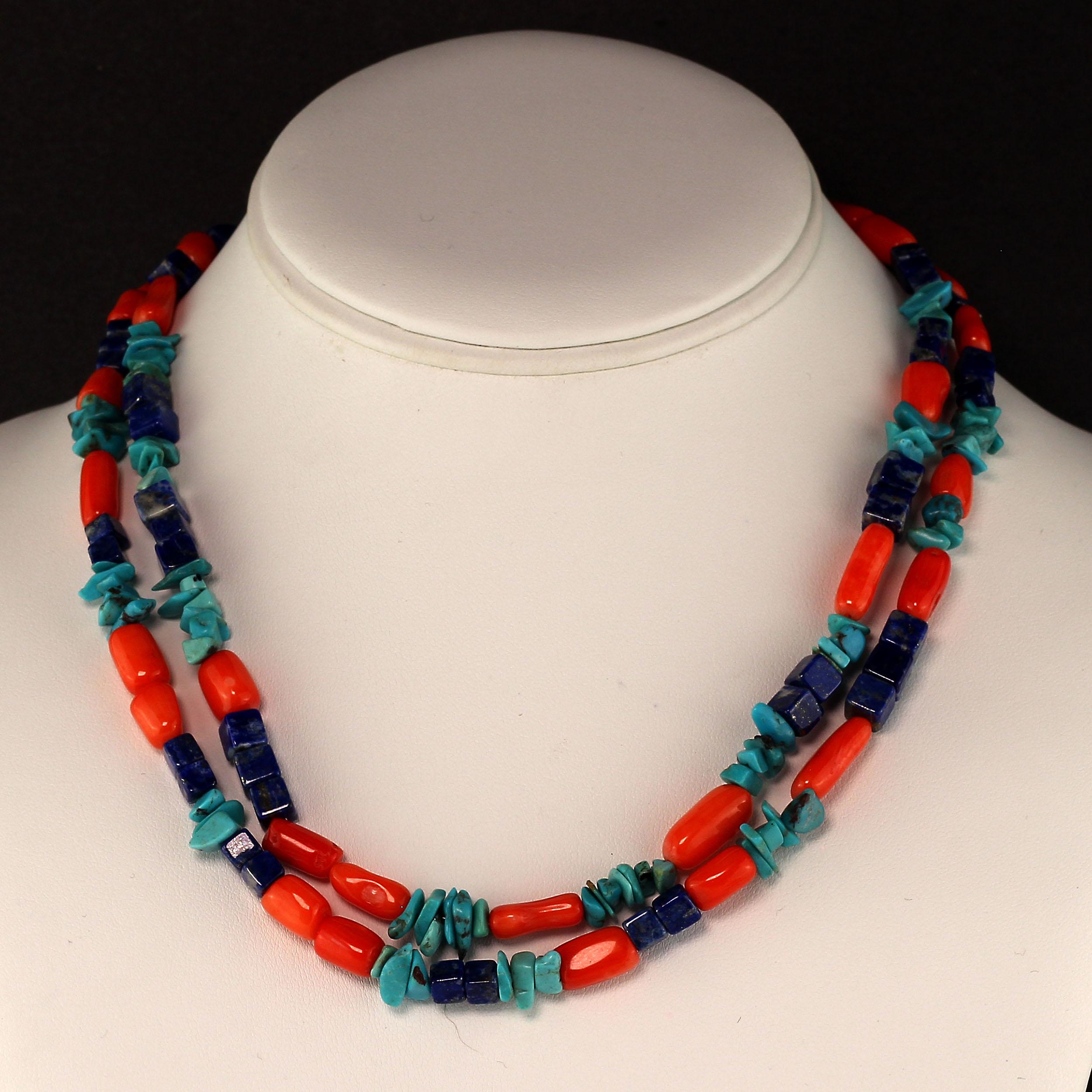 Gemjunky Southwest Style Necklace of Coral, Lapis, and Turquoise 1