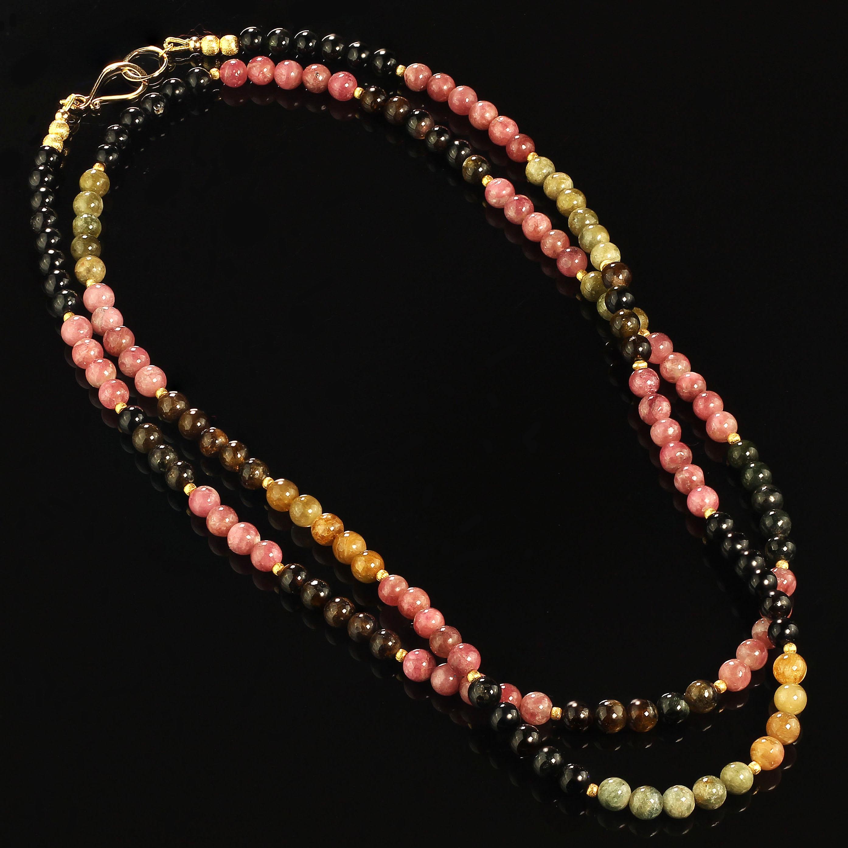 Elegant 37 inch multi color Tourmaline necklace to wear long or doubled.  This lovely long 37 inch necklace slips over collars and sits so nicely on blouses and sweaters.  These 5 MM highly polished Tourmalines are accented with frosted gold