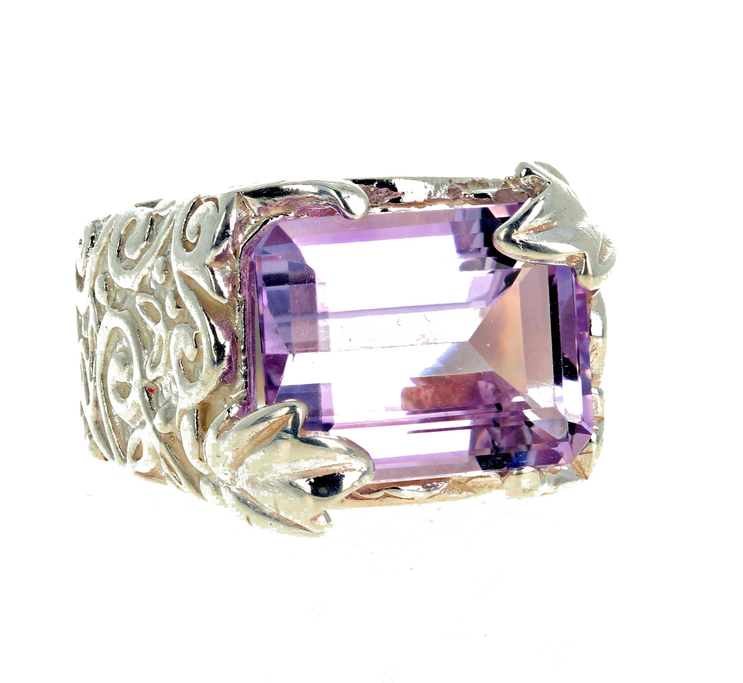 Cushion Cut AJD Absolutely Beautiful Clear 6.5 Carat Glittering Amethyst Silver Ring