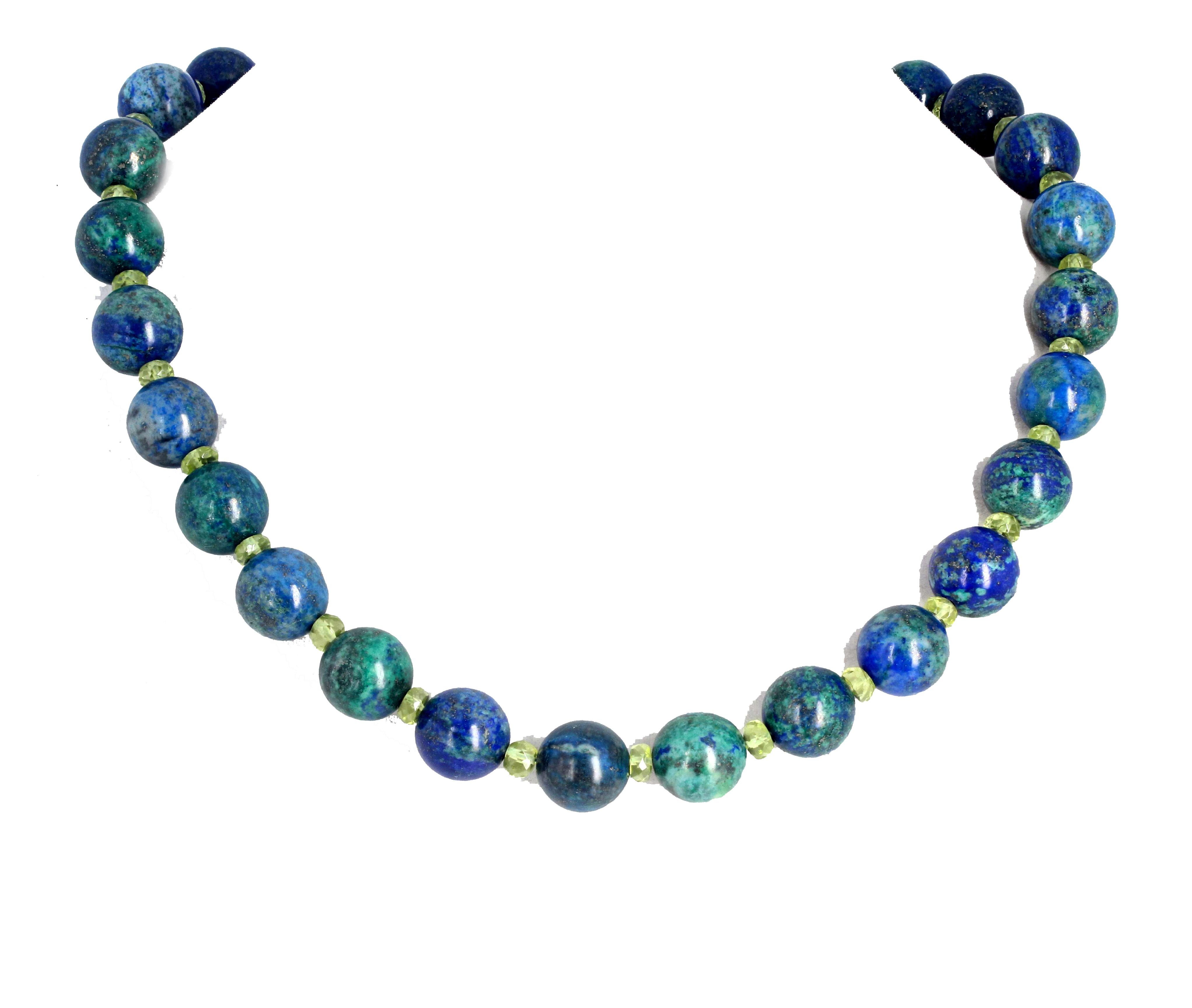 These amazingly highly polished glistening blue and green natural Azurites are 12.2mm in diameter and are set with a sterling silver easy-to-use hook clasp on this 18 inch long necklace.  If you wish faster delivery on your purchase choose UPS to