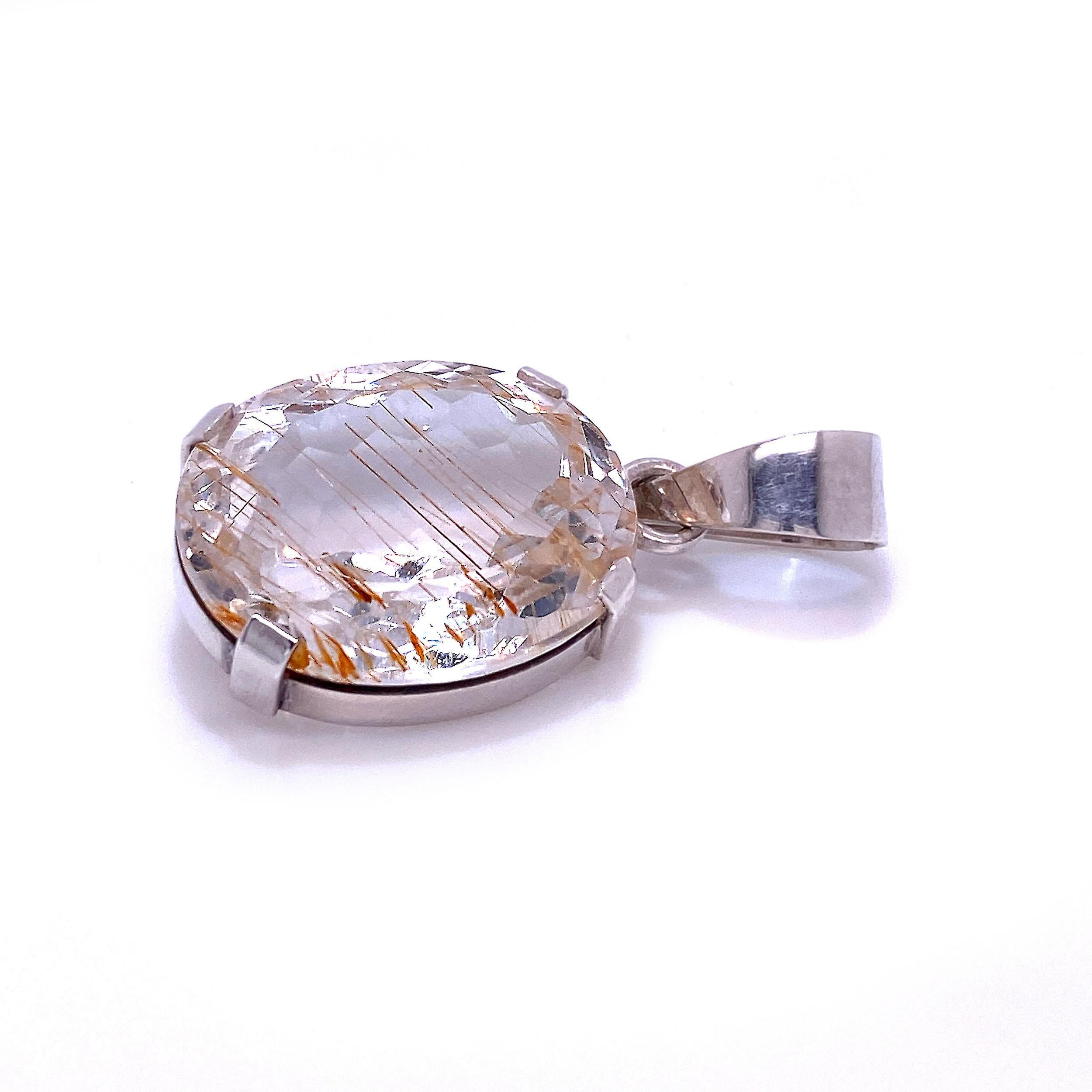 Brazilian Quartz Crystal Pendant with Rutile in Sterling Silver Setting In New Condition In Raleigh, NC