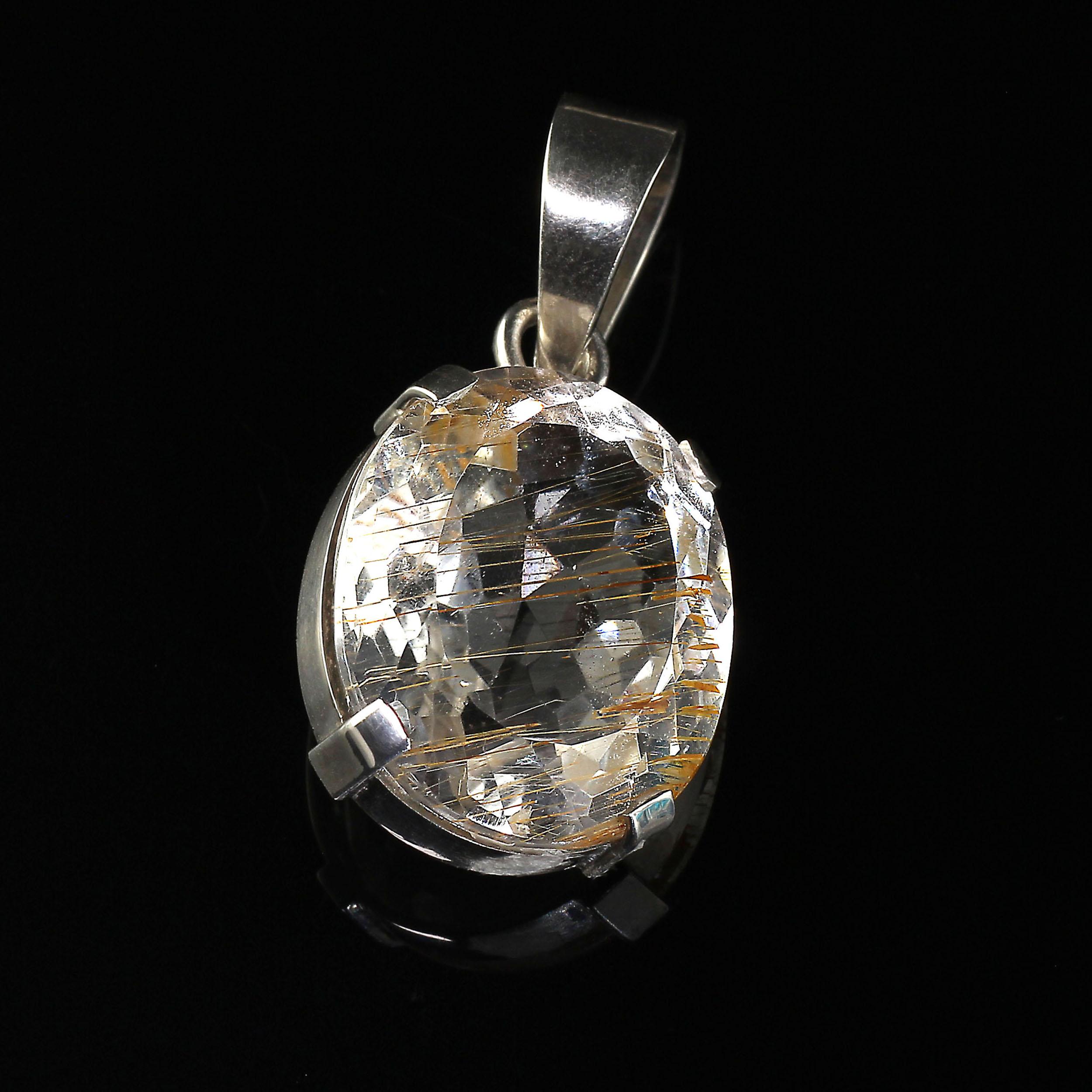 Women's or Men's Brazilian Quartz Crystal Pendant with Rutile in Sterling Silver Setting