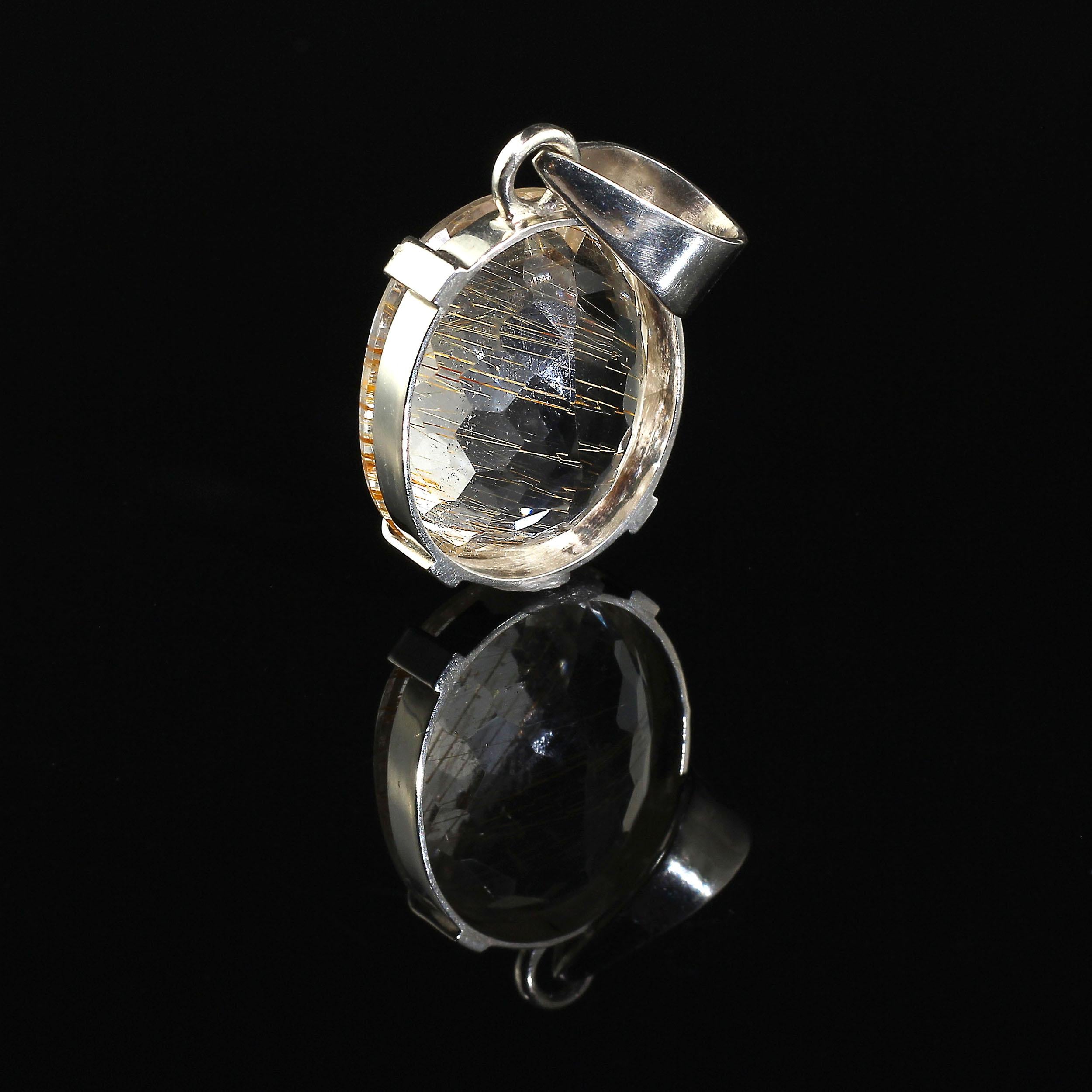 Brazilian Quartz Crystal Pendant with Rutile in Sterling Silver Setting 2