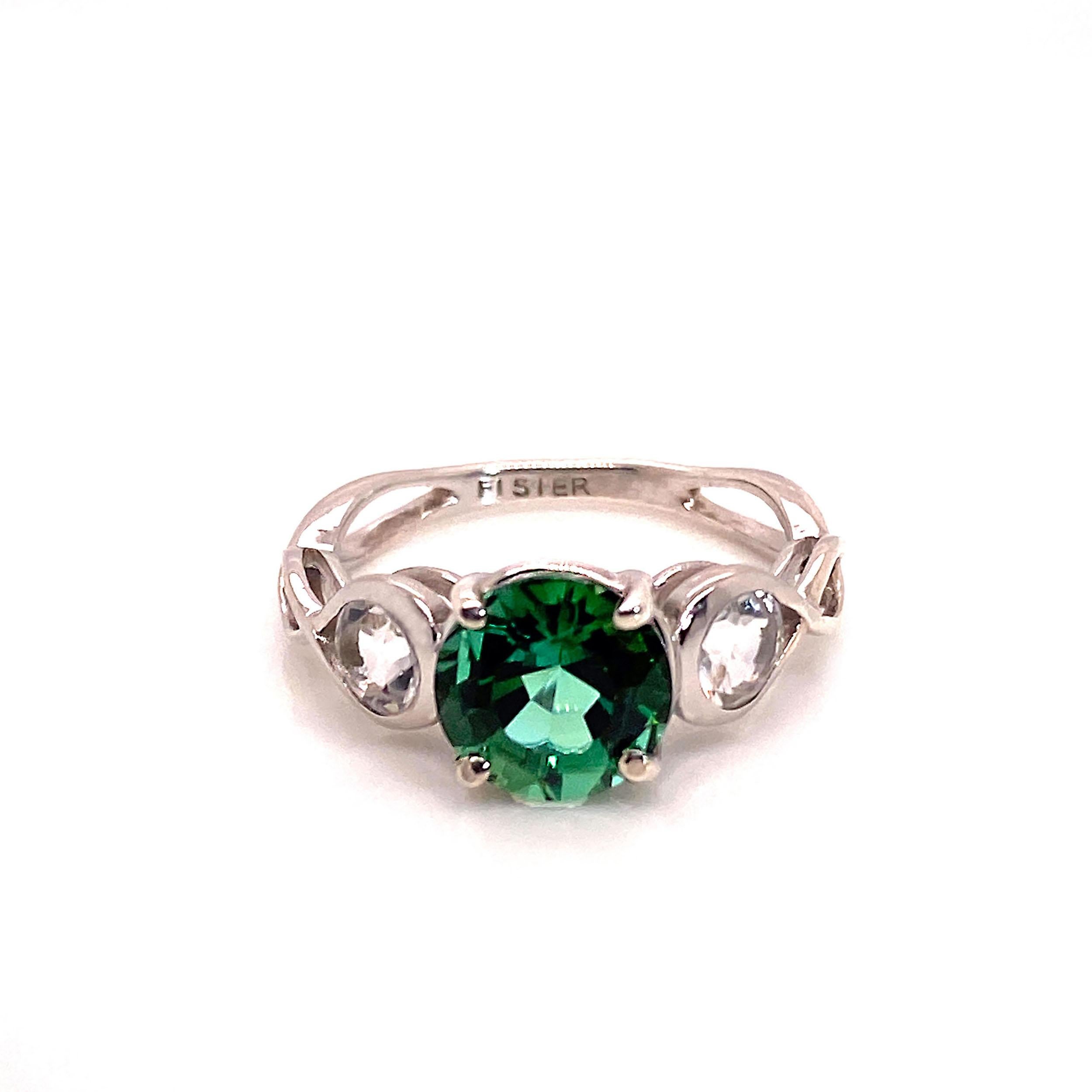 Gemjunky Brazilian Round Green/Blue Tourmaline Ring with White Topaz in Silver 2