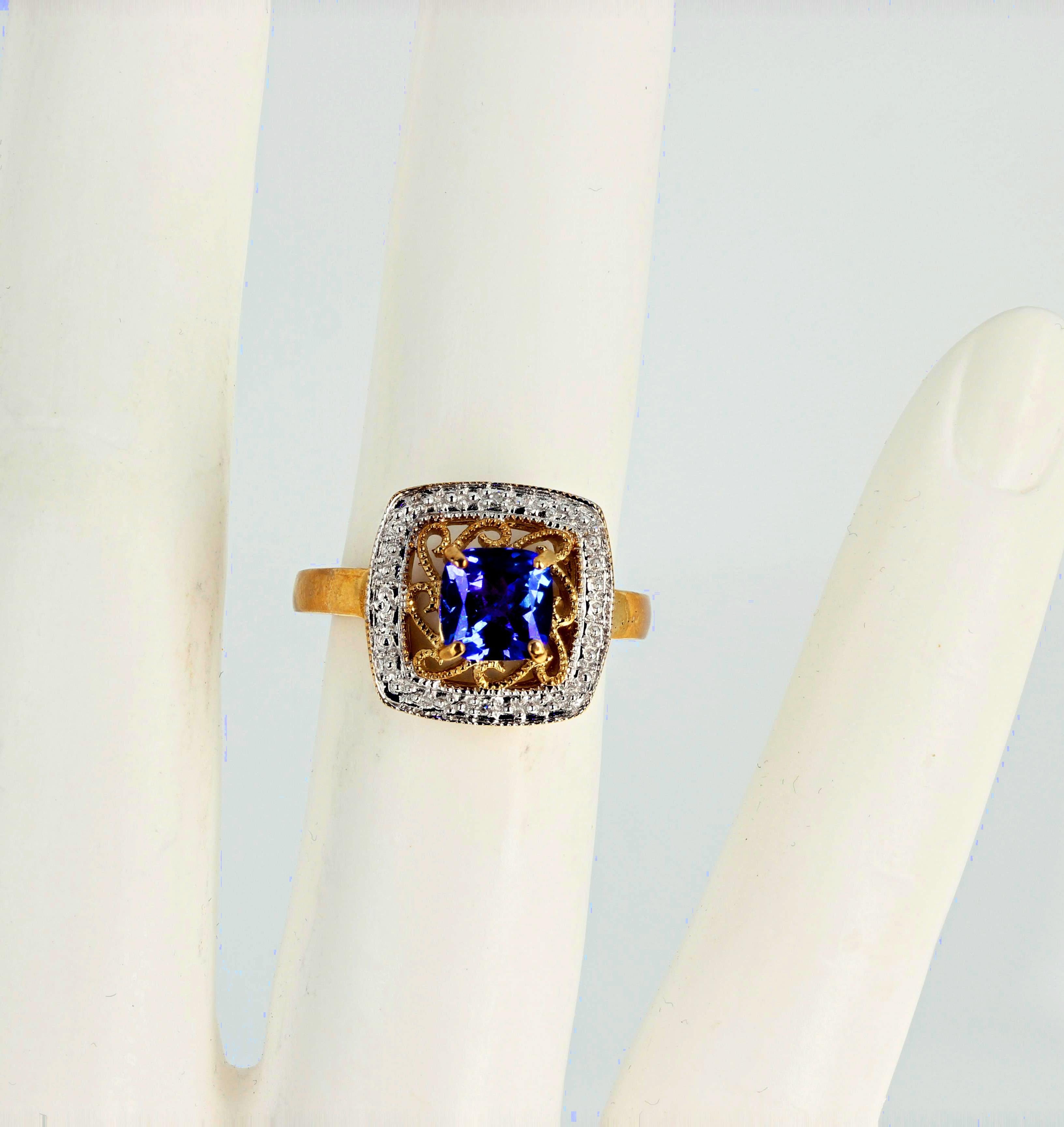 AJD Brilliant REAL 1.35 Ct Tanzanite & REAL Diamonds Accented Gold Ring In New Condition For Sale In Raleigh, NC