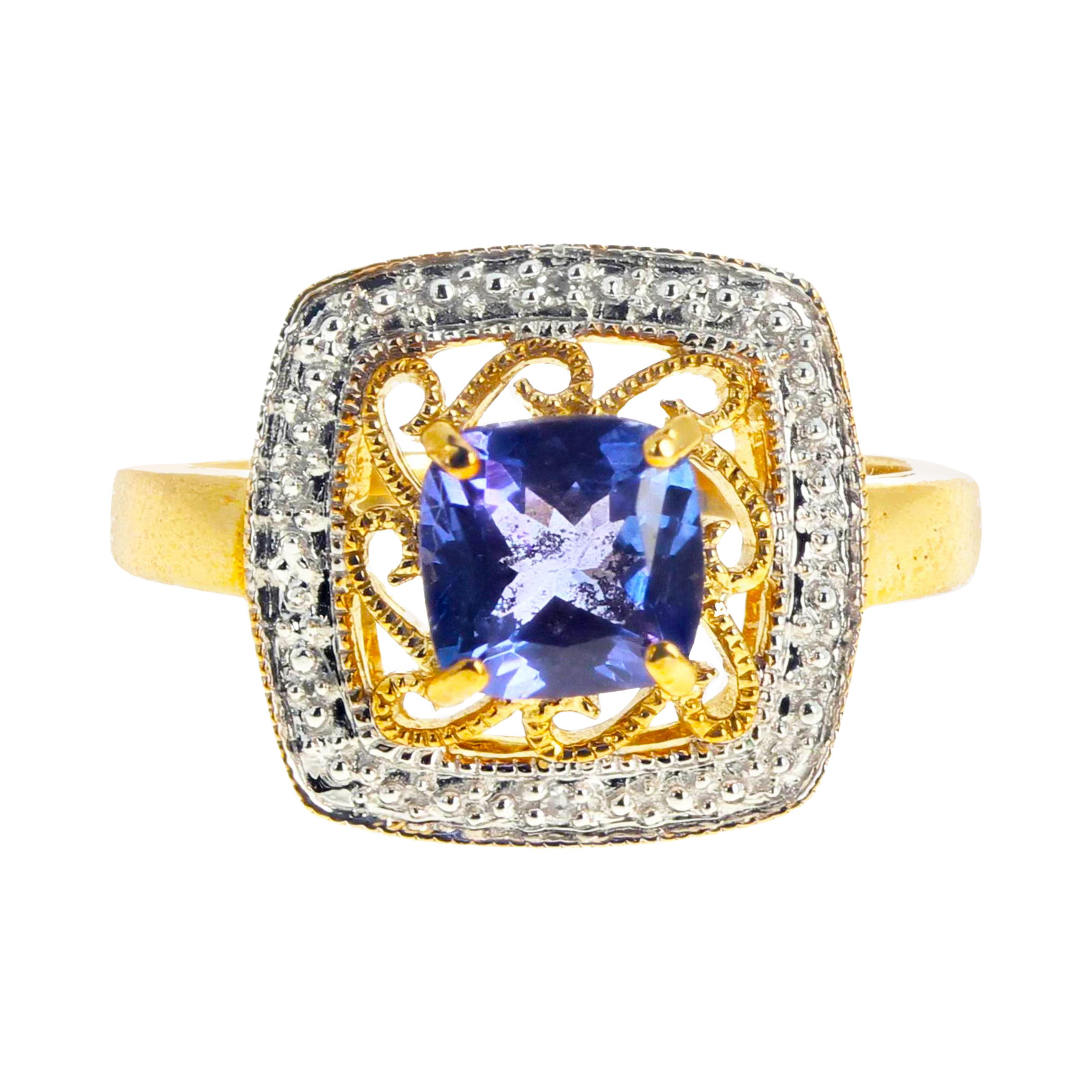 AJD Brilliant REAL 1.35 Ct Tanzanite & REAL Diamonds Accented Gold Ring For Sale