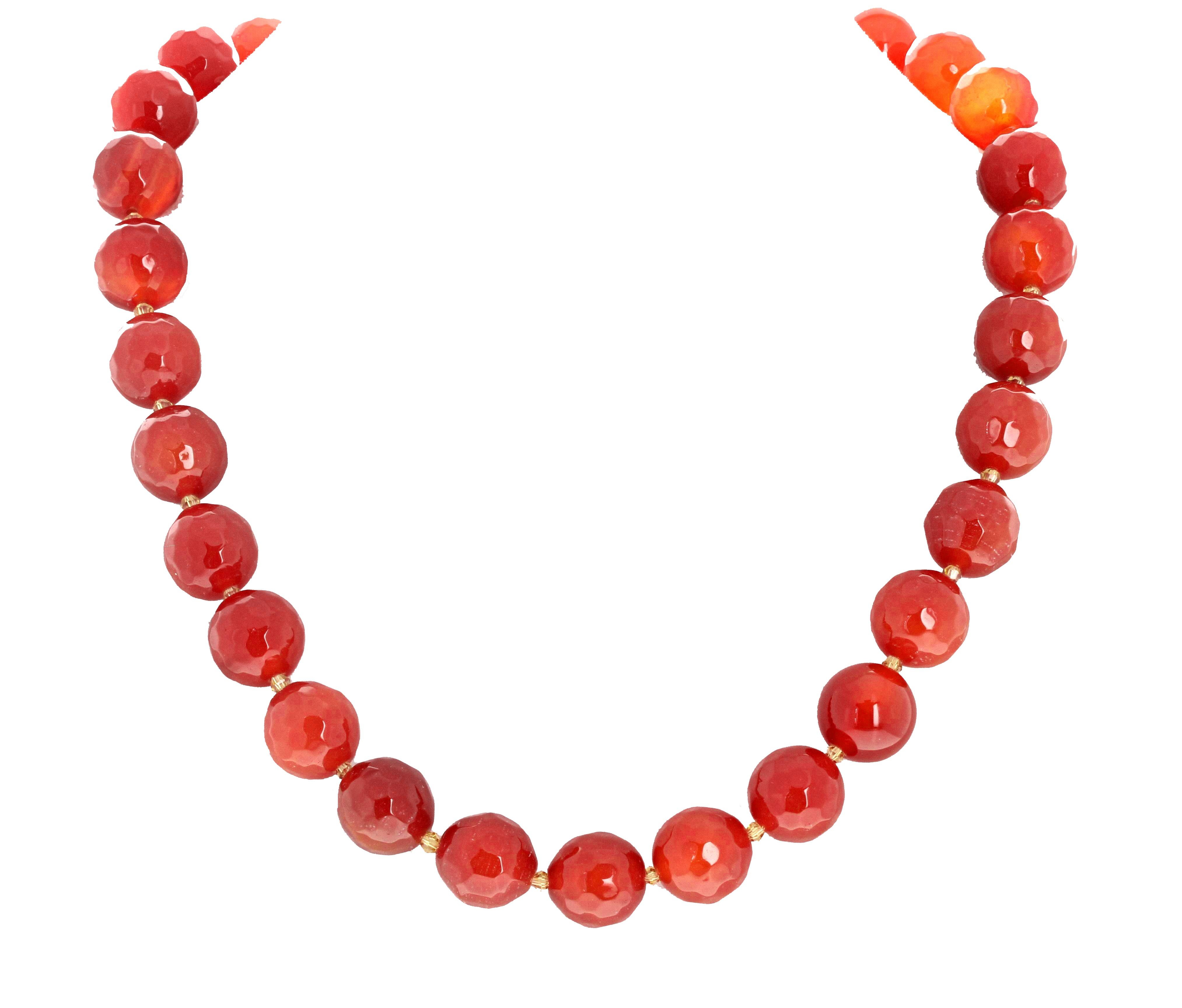 This gorgeous bright happy checkerboard gem cut round 19 inch long Carnelian Agate ( 14mm) is enhanced with glittering little gem cut sparkling natural Citrines.  The easy-to-use clasp is Gold plated sterling silver inset with tiny real white