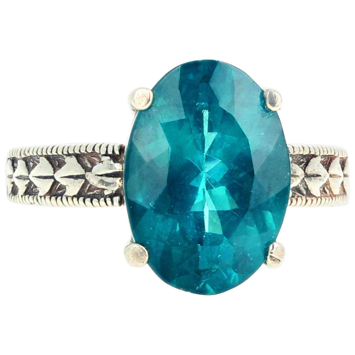 AJD Dazzling CLEAR Blue Sparkling 4.6 Ct Real Natural Apatite Silver Ring