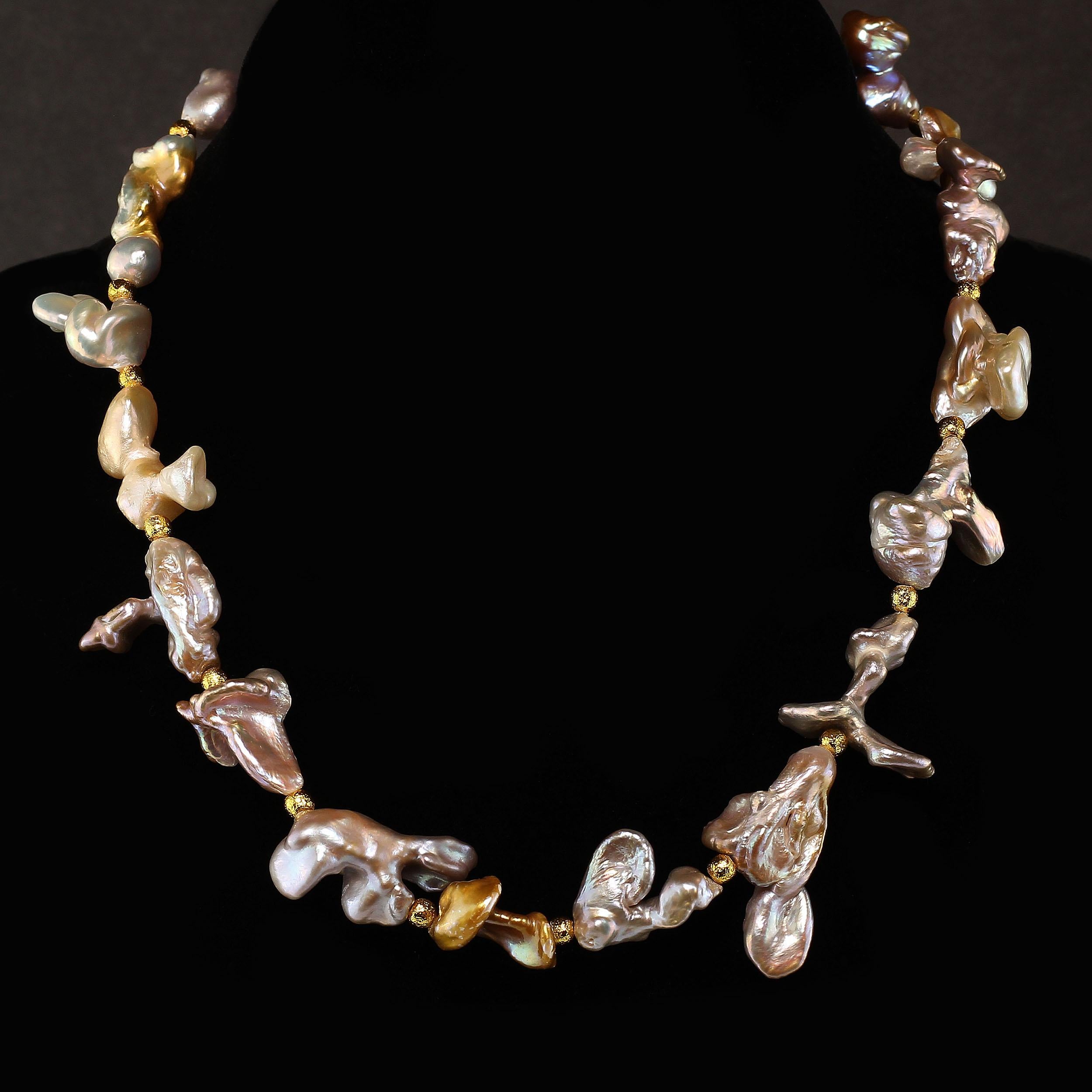 Bead  AJD 14 Inch Choker of Funky Shaped Silvery Pearls  Golden Accents  Great Gift! For Sale