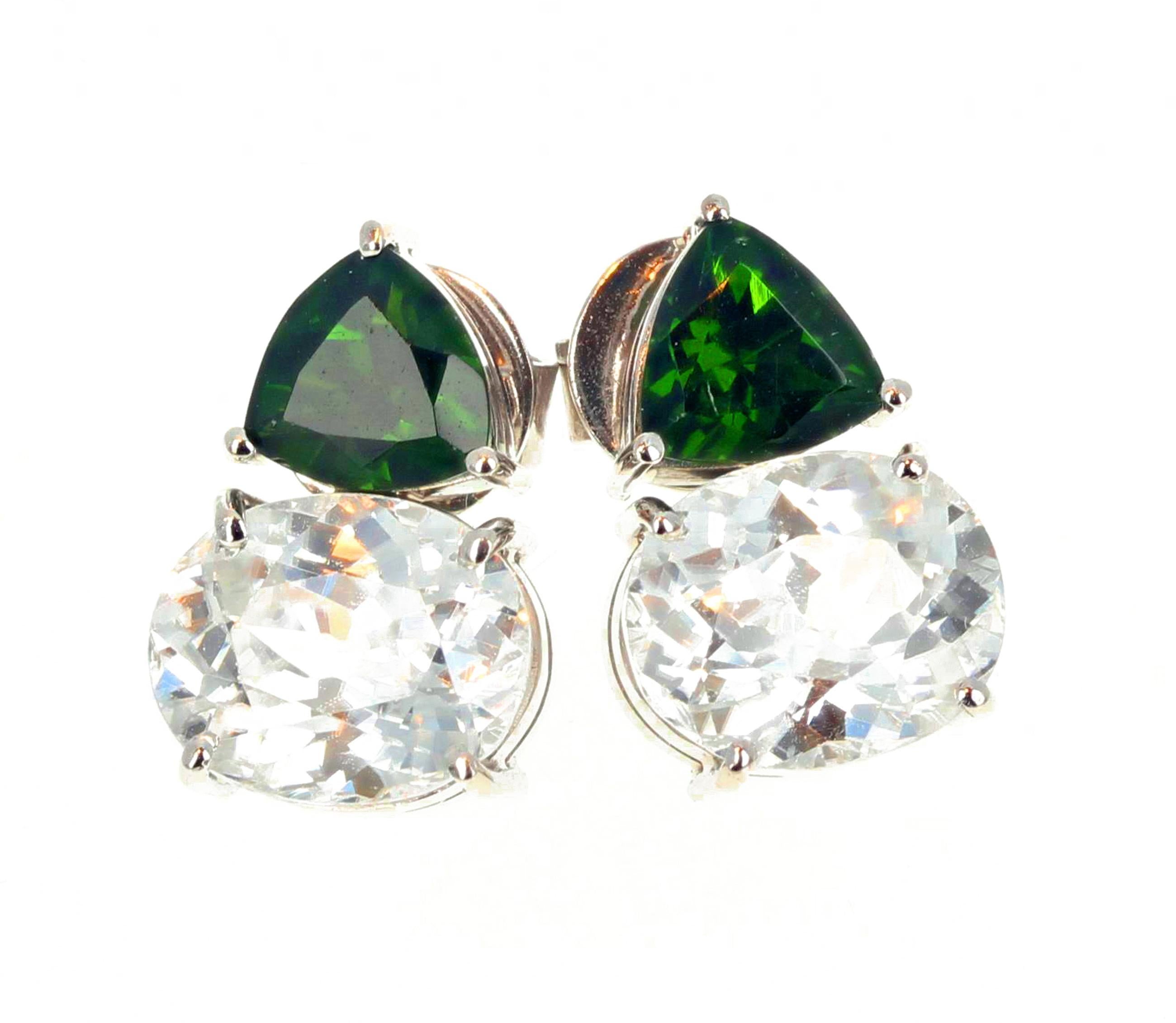 These beautiful Russian Chrome Diopsides (unique to Siberia) are approximately 1.07 carats each - 7mm x 7 mm -  and the brilliant natural real white Cambodian Zircons are 6.3 carats each - 11mm x 9 mm - all set in white gold stud earrings.  They are