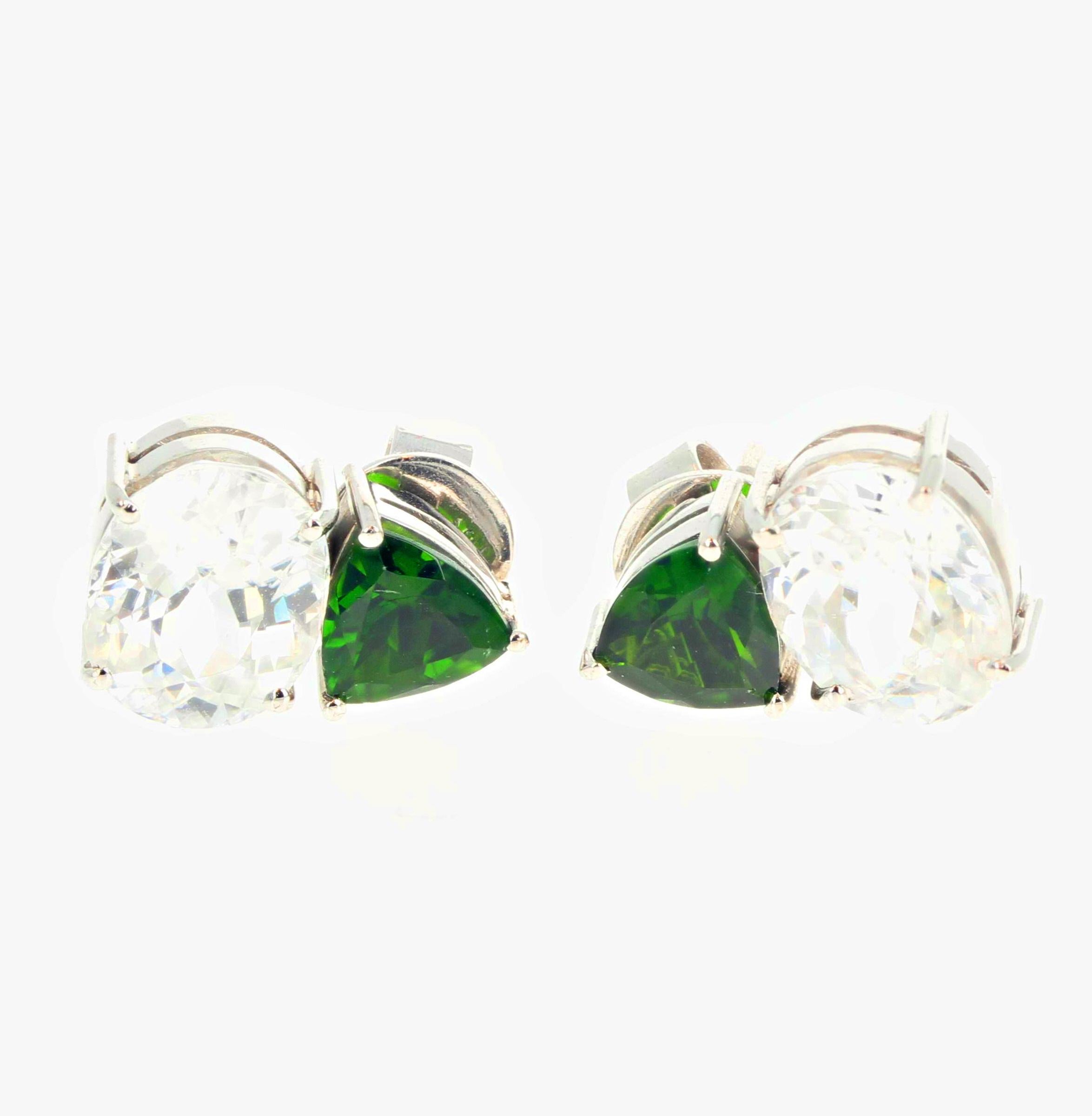 Mixed Cut AJD GLITTERING Chrome Diopside & Natural Cambodian Zircons White Gold Earrings For Sale