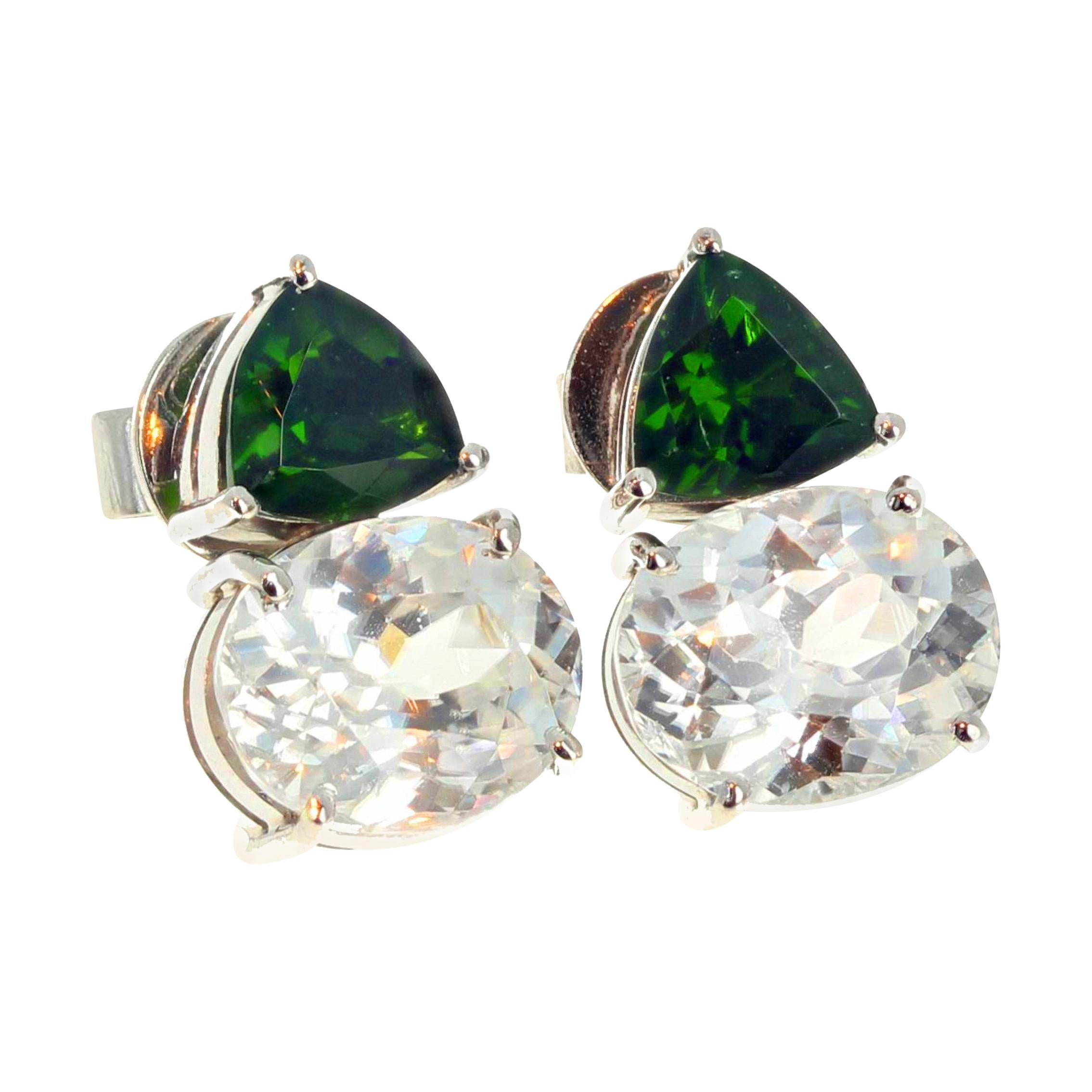AJD GLITTERING Chrome Diopside & Natural Cambodian Zircons White Gold Earrings For Sale