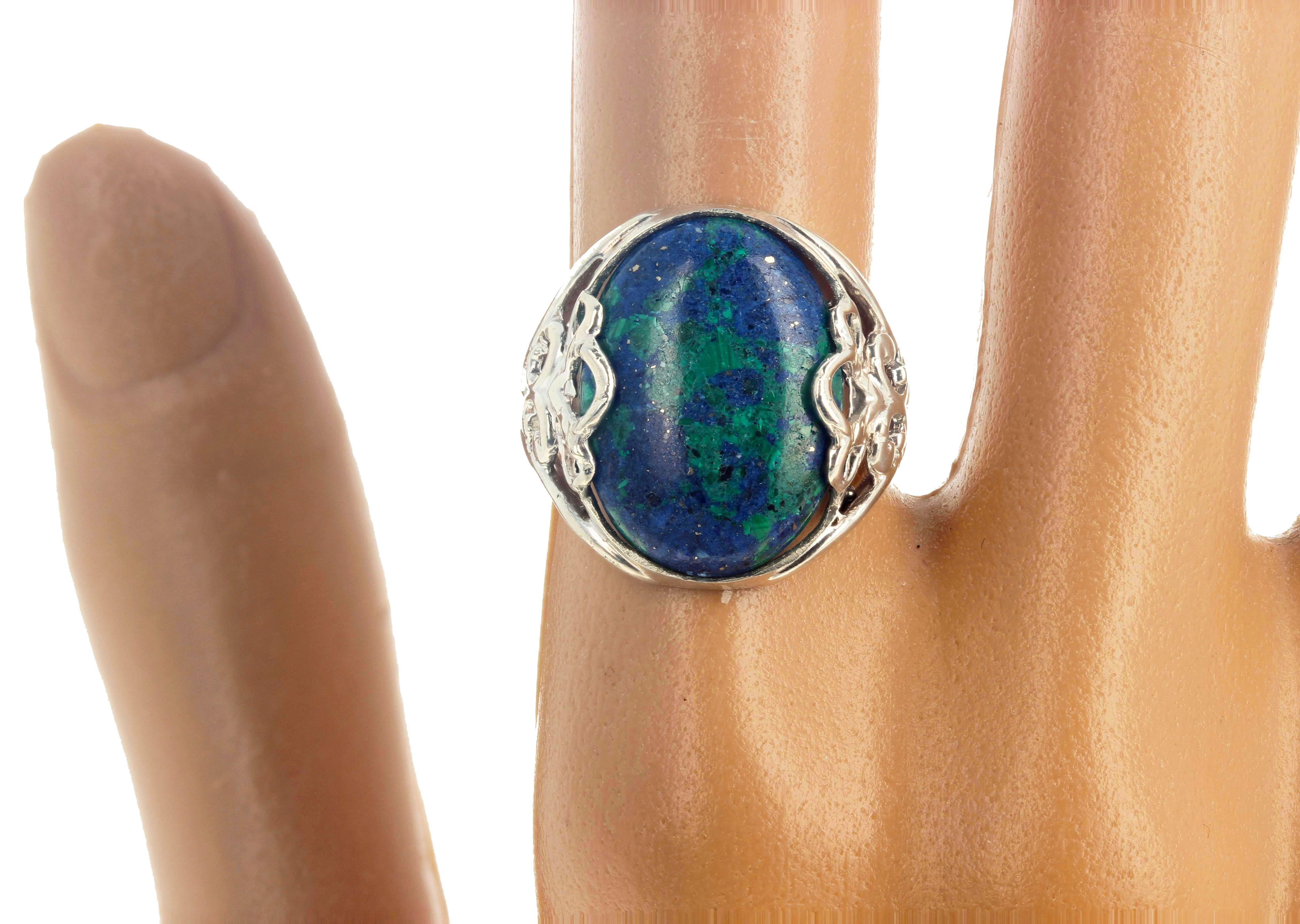Oval Cut Gemjunky Chrysocolla Azurite Malachite Sterling Silver Cocktail Ring