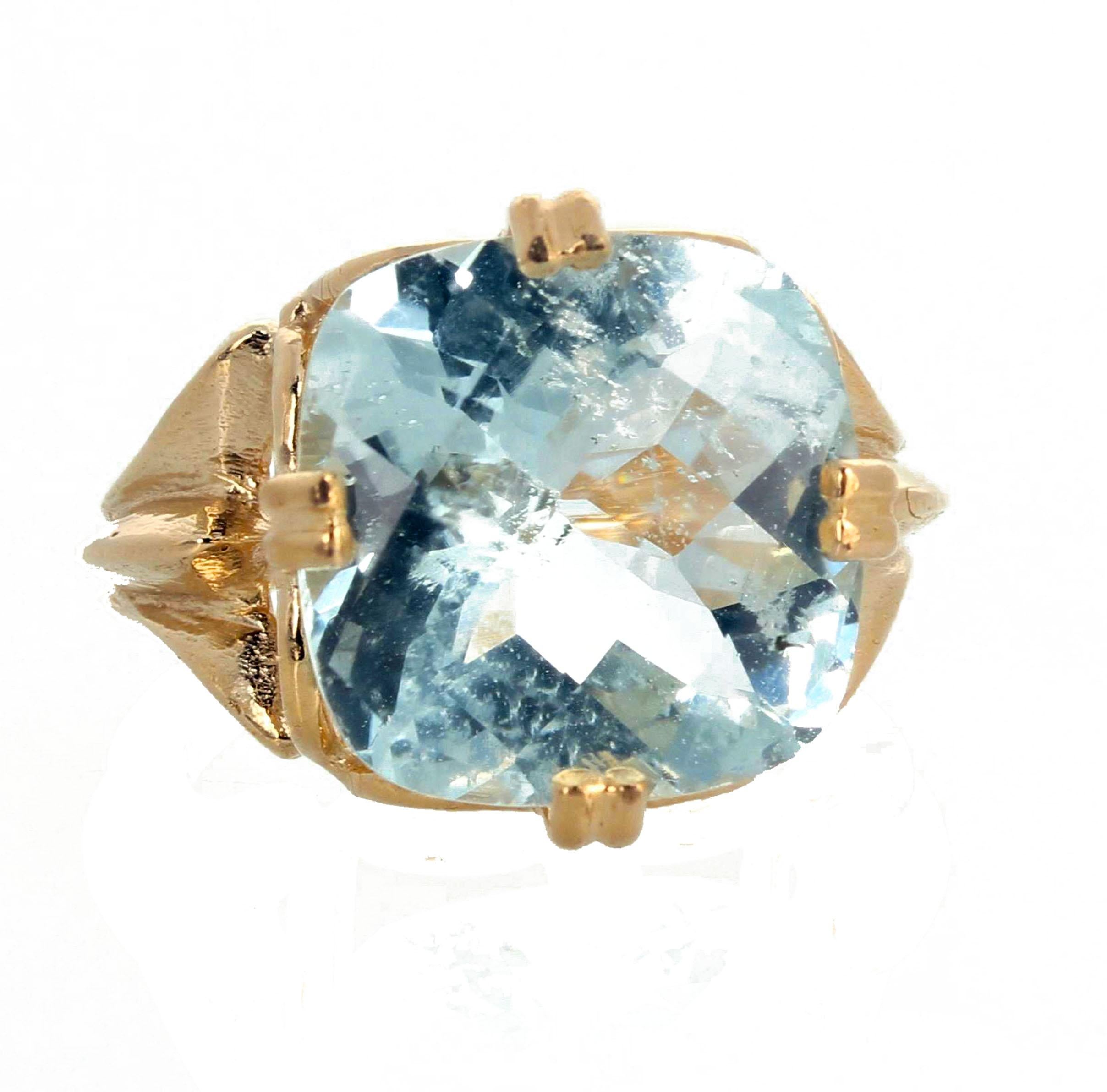 This beautiful elegant sparkling Aquamarine (14mm x 14mm) set in a timeless 14K yellow gold ring is checkerboard cut and has no eye visible inclusions.  This dazzling Aquamarine ring makes the perfect gift for that special person in your life !  