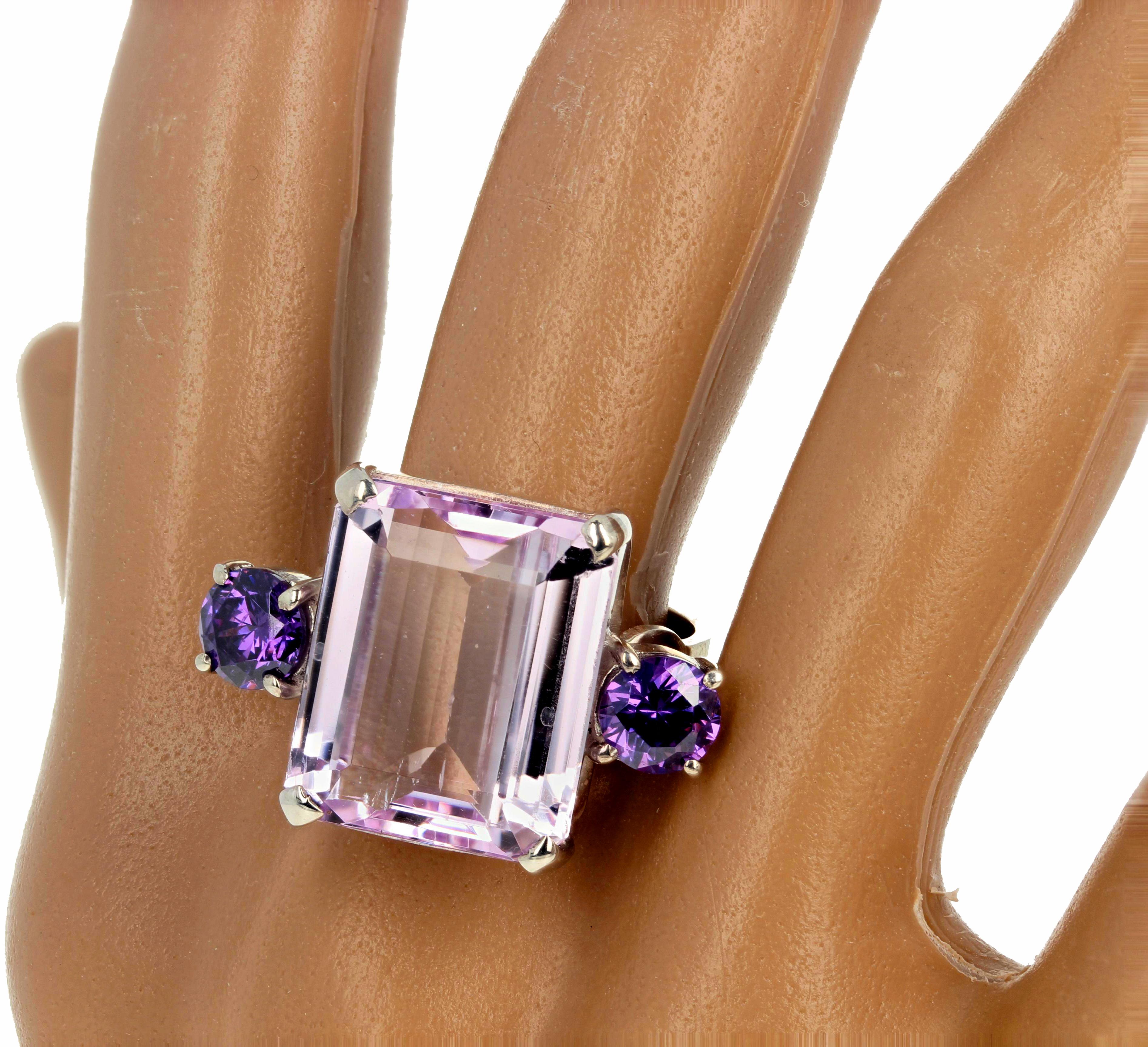Mixed Cut AJD Clear Shining Natural Clear Pinky Kunzite & Amethyst Silver Ring For Sale