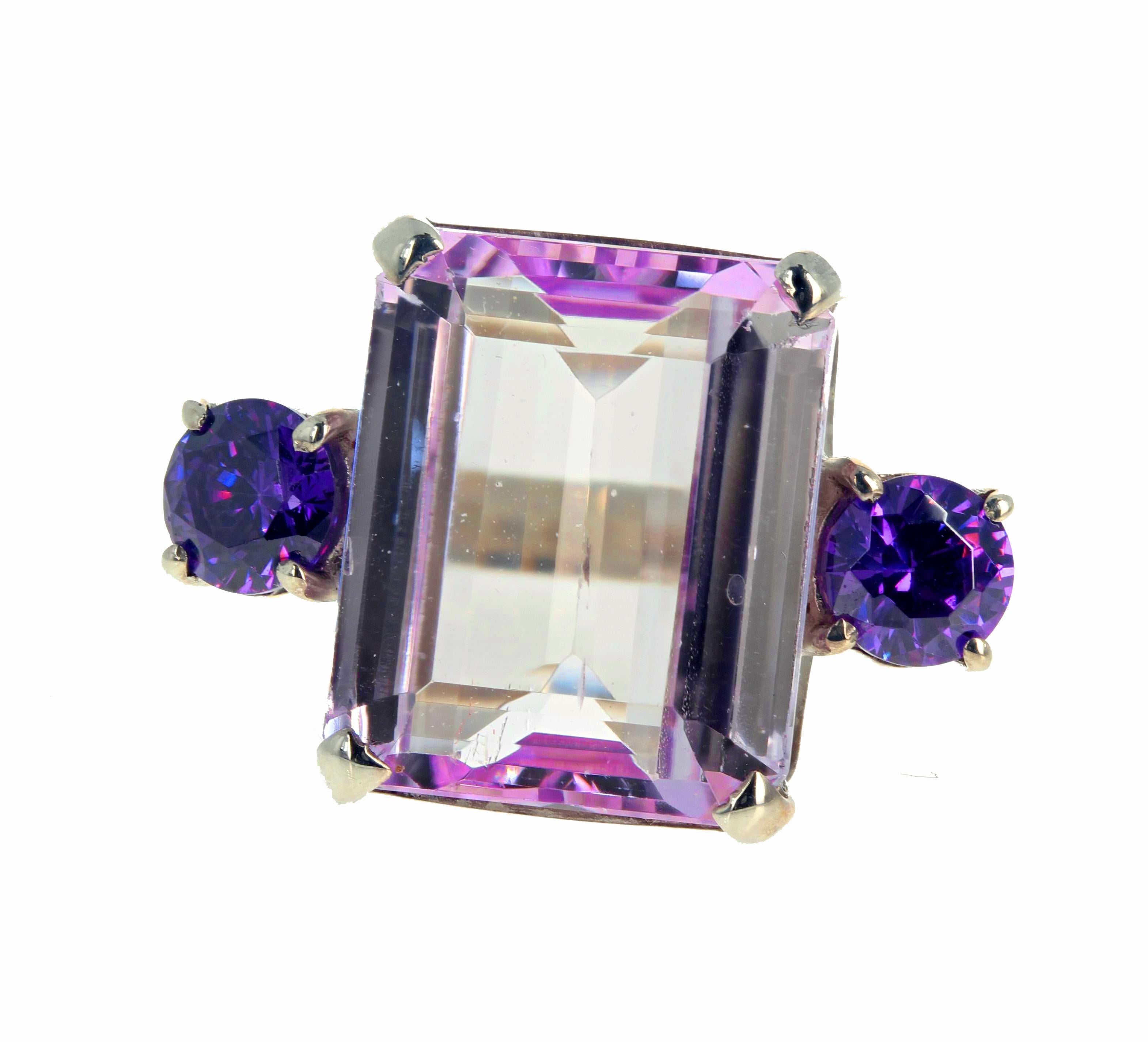 AJD Clear Shining Natural Clear Pinky Kunzite & Amethyst Silver Ring In New Condition For Sale In Raleigh, NC
