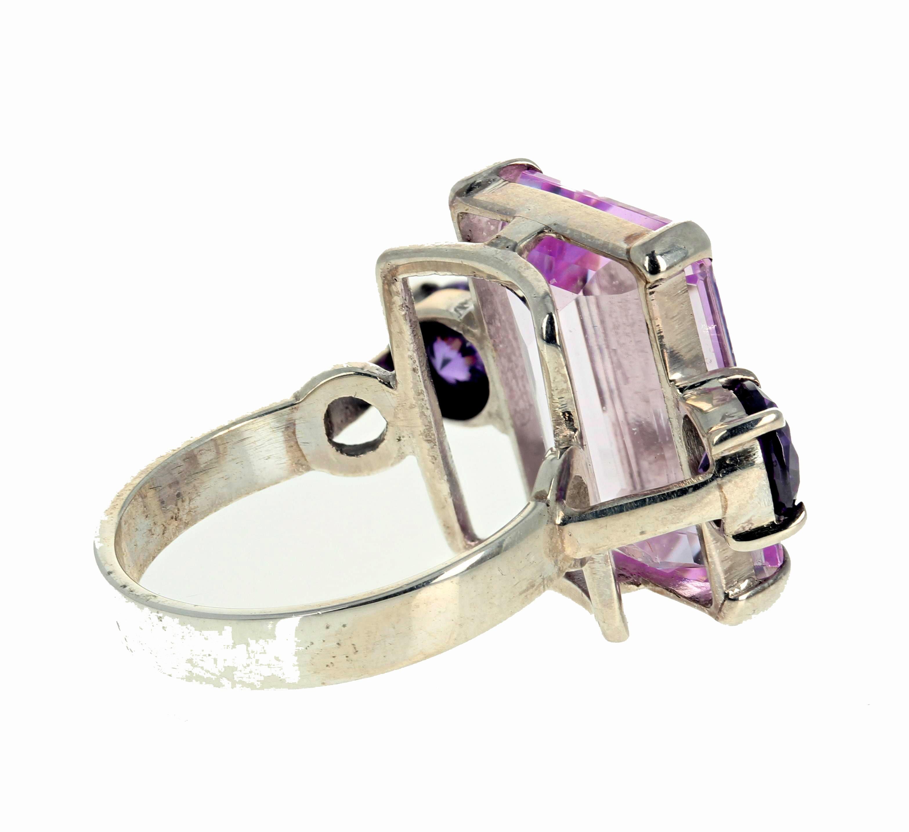 Women's or Men's AJD Clear Shining Natural Clear Pinky Kunzite & Amethyst Silver Ring For Sale