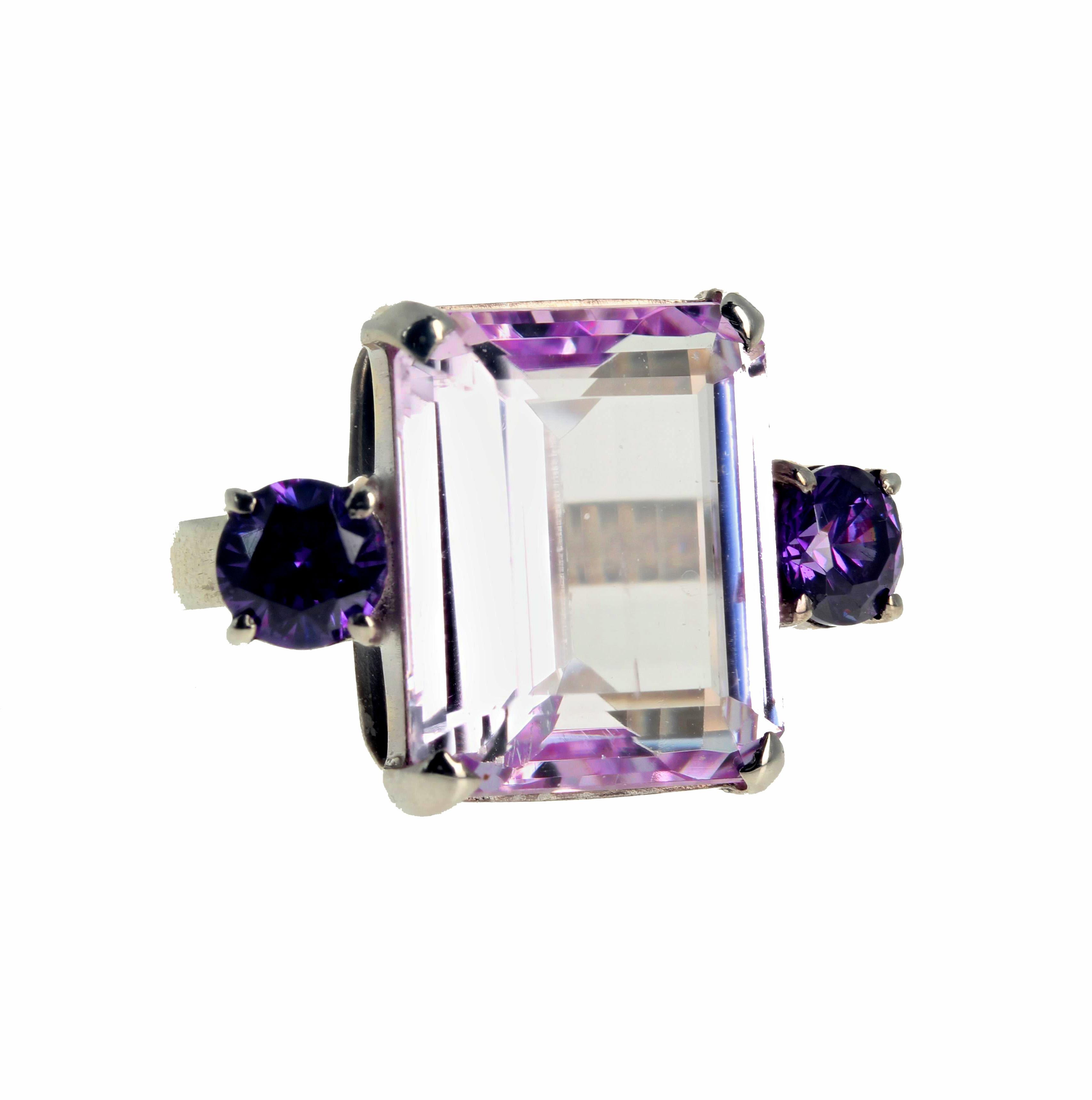 AJD Clear Shining Natural Clear Pinky Kunzite & Amethyst Silver Ring For Sale 2