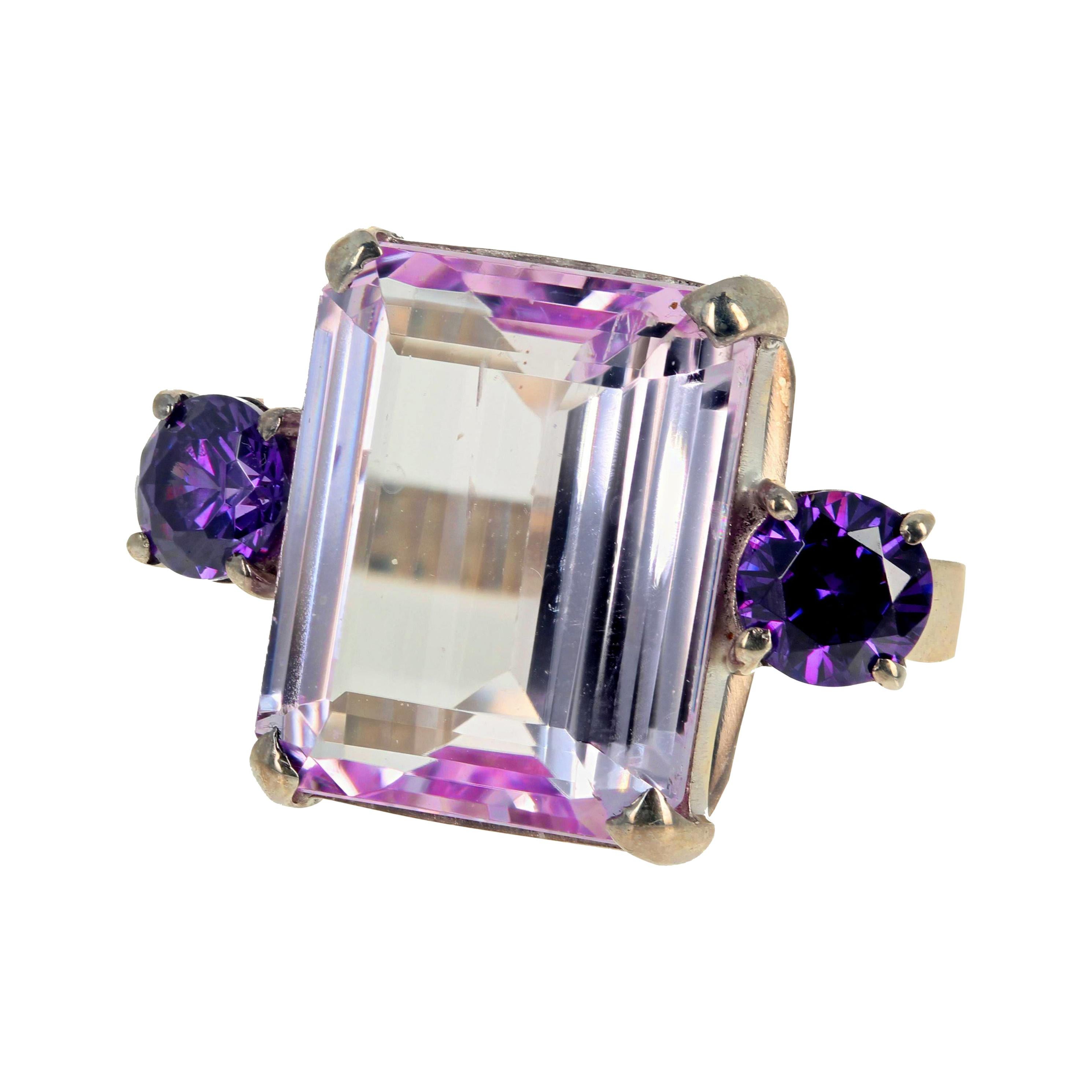 AJD Clear Shining Natural Clear Pinky Kunzite & Amethyst Silver Ring