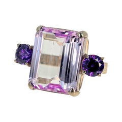 Vintage AJD Clear Shining Natural Clear Pinky Kunzite & Amethyst Silver Ring