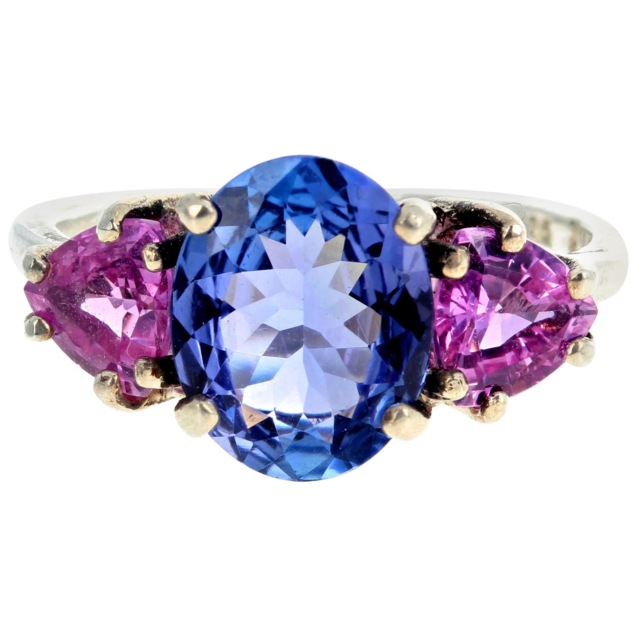 AJD Elegant Exquisite 2.15Ct Tanzanite & Real Pink Sapphire Sterling Silver Ring
