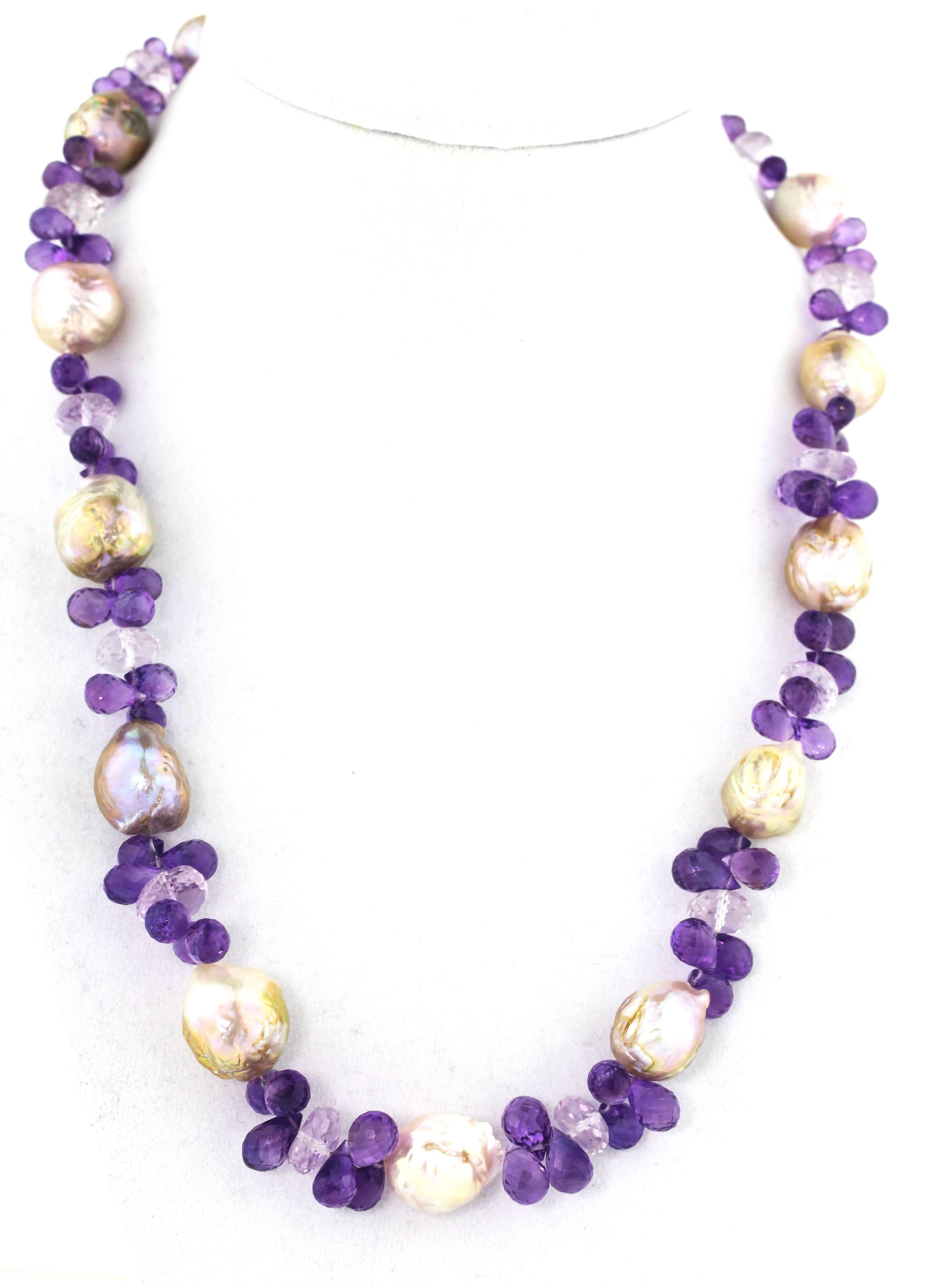 Mixed Cut AJD WOW !! Cultured Goldy Real Pearls & Amethysts & Diamond Clasp Necklace For Sale