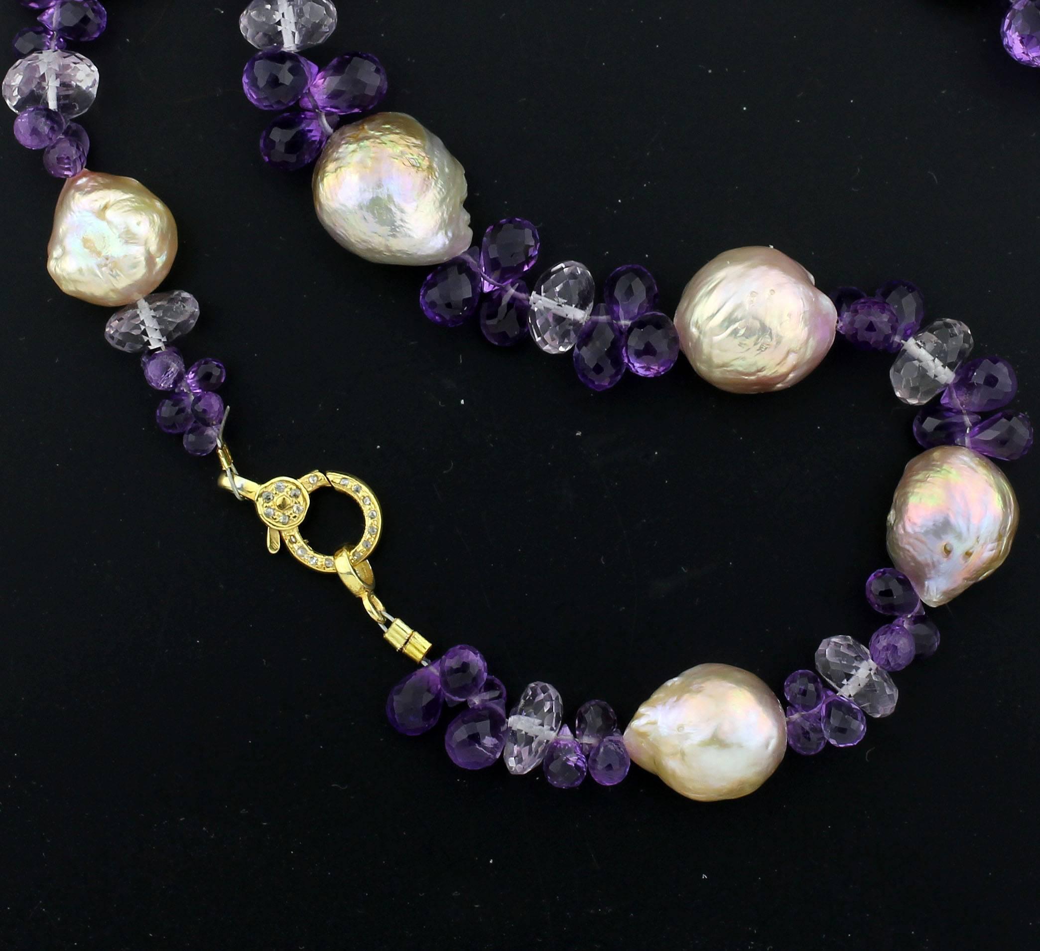 AJD WOW !! Cultured Goldy Real Pearls & Amethysts & Diamond Clasp Necklace In New Condition For Sale In Raleigh, NC