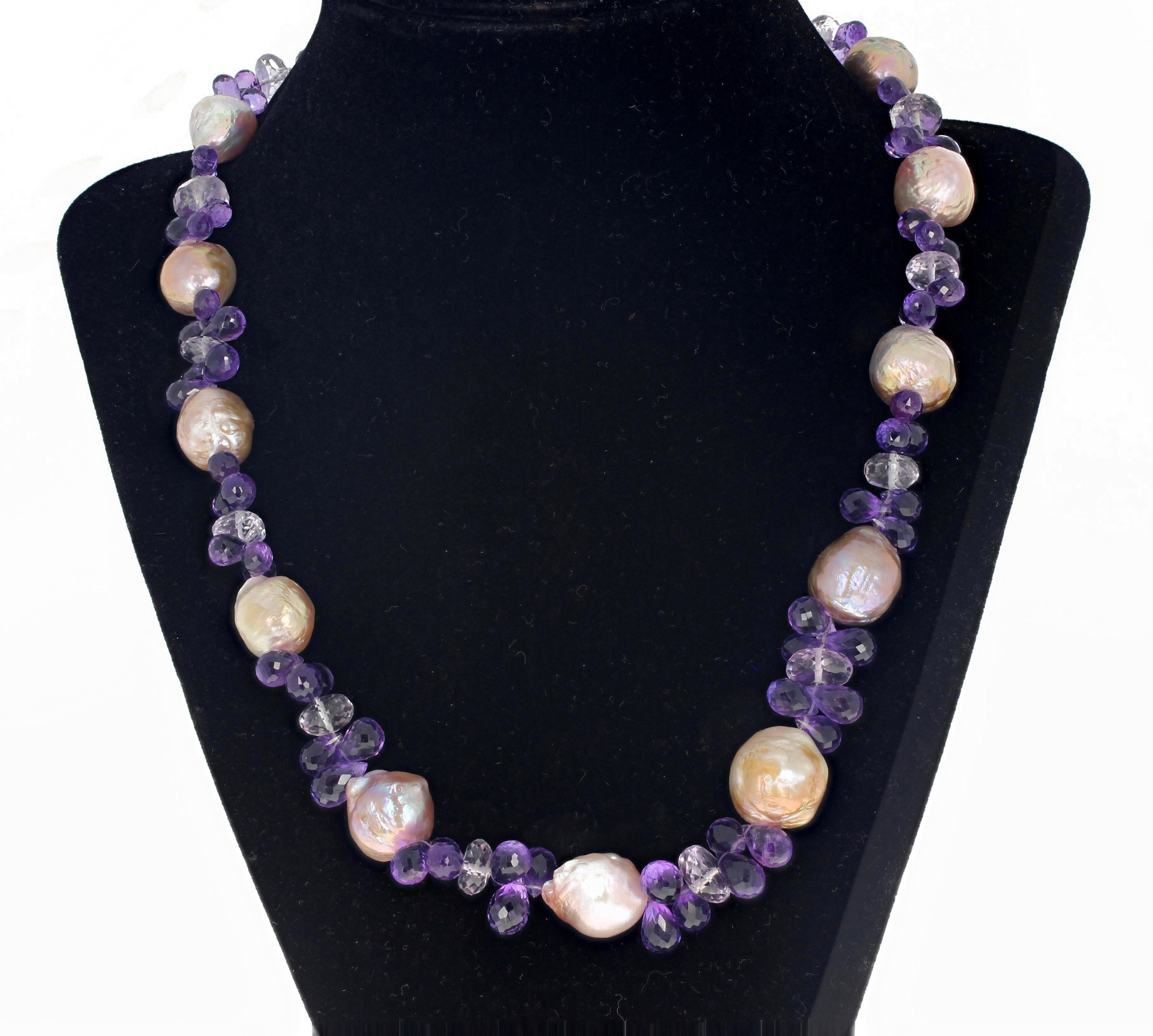 AJD WOW !! Cultured Goldy Real Pearls & Amethysts & Diamond Clasp Necklace For Sale 2