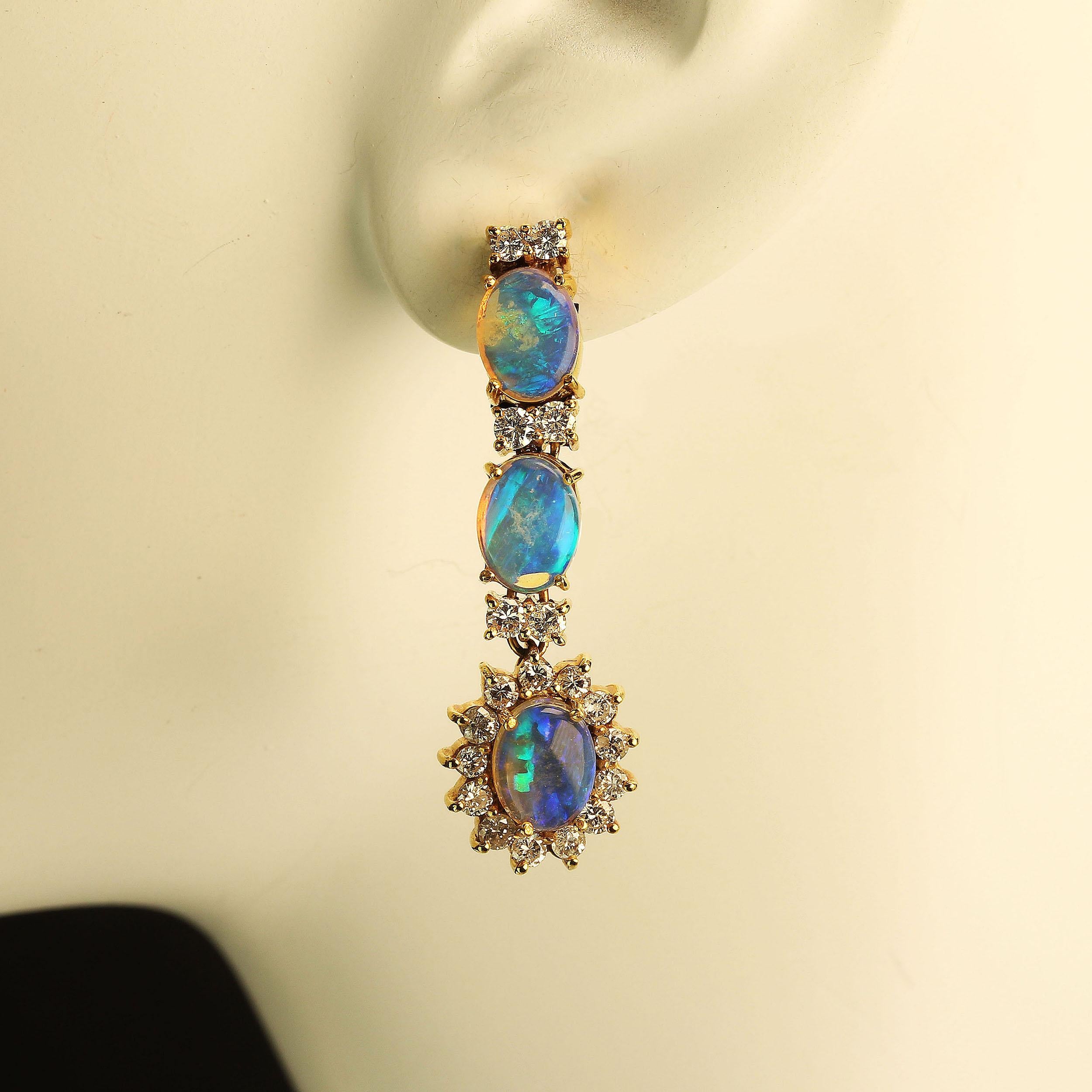 Artisan AJD Dangle Opal and Diamond 18 Karat Yellow Gold Earrings