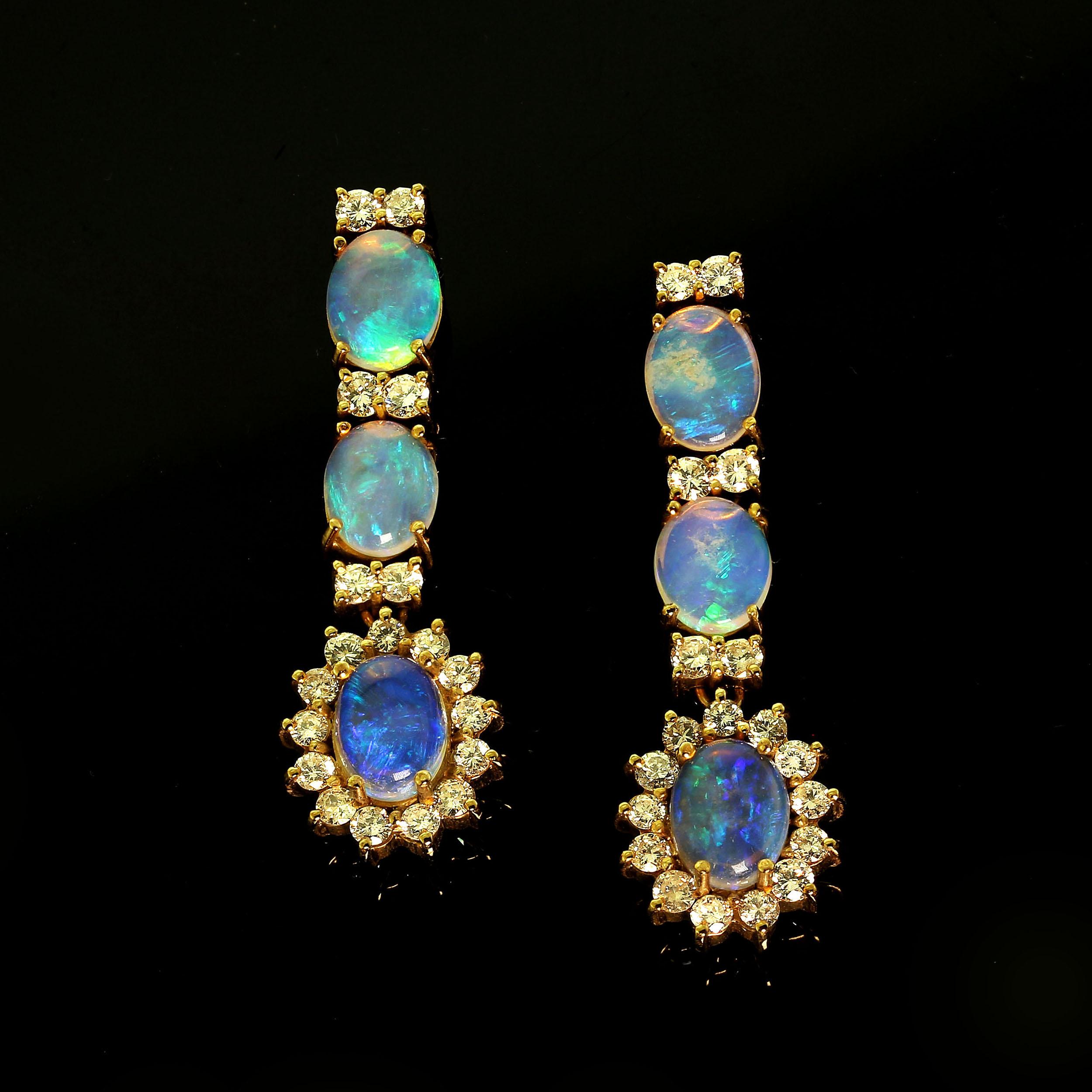 Women's or Men's AJD Dangle Opal and Diamond 18 Karat Yellow Gold Earrings