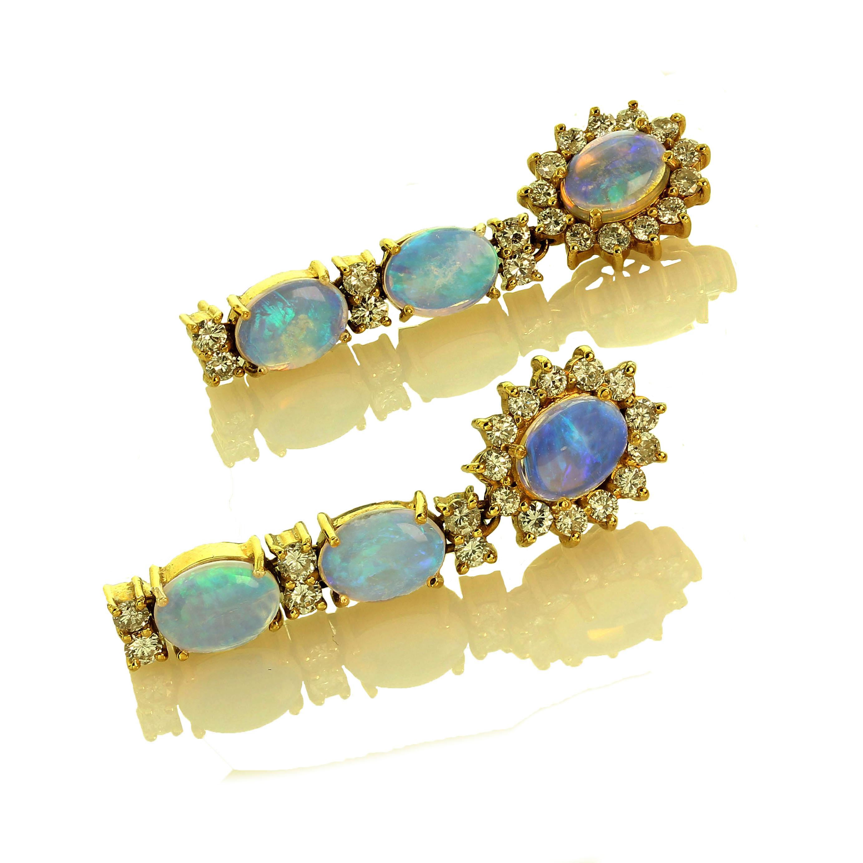 AJD Dangle Opal and Diamond 18 Karat Yellow Gold Earrings 2