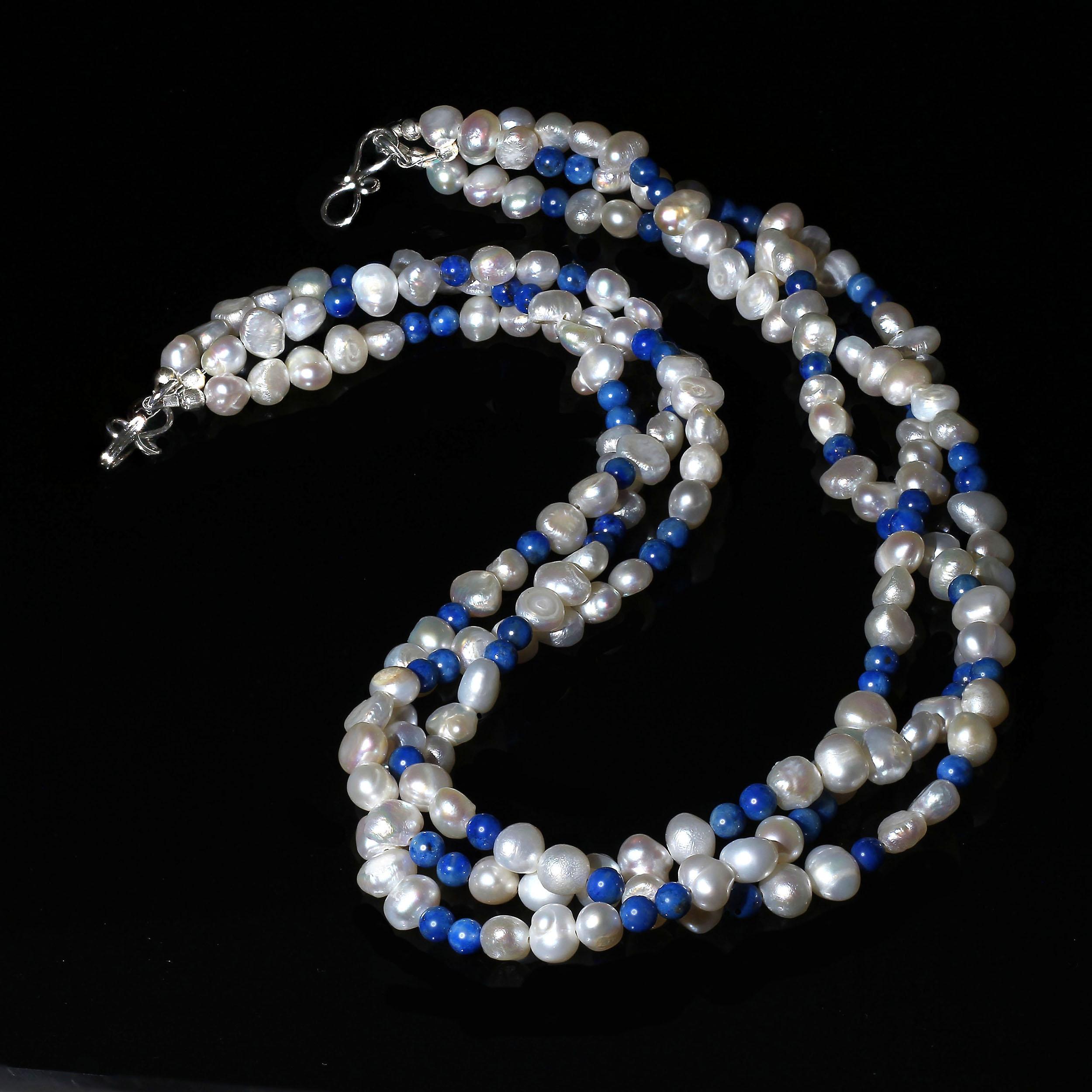 AJD Three-Strand 17 Inch  Necklace  White Pearls and Lapis Lazuli   Great Gift!! In New Condition In Raleigh, NC