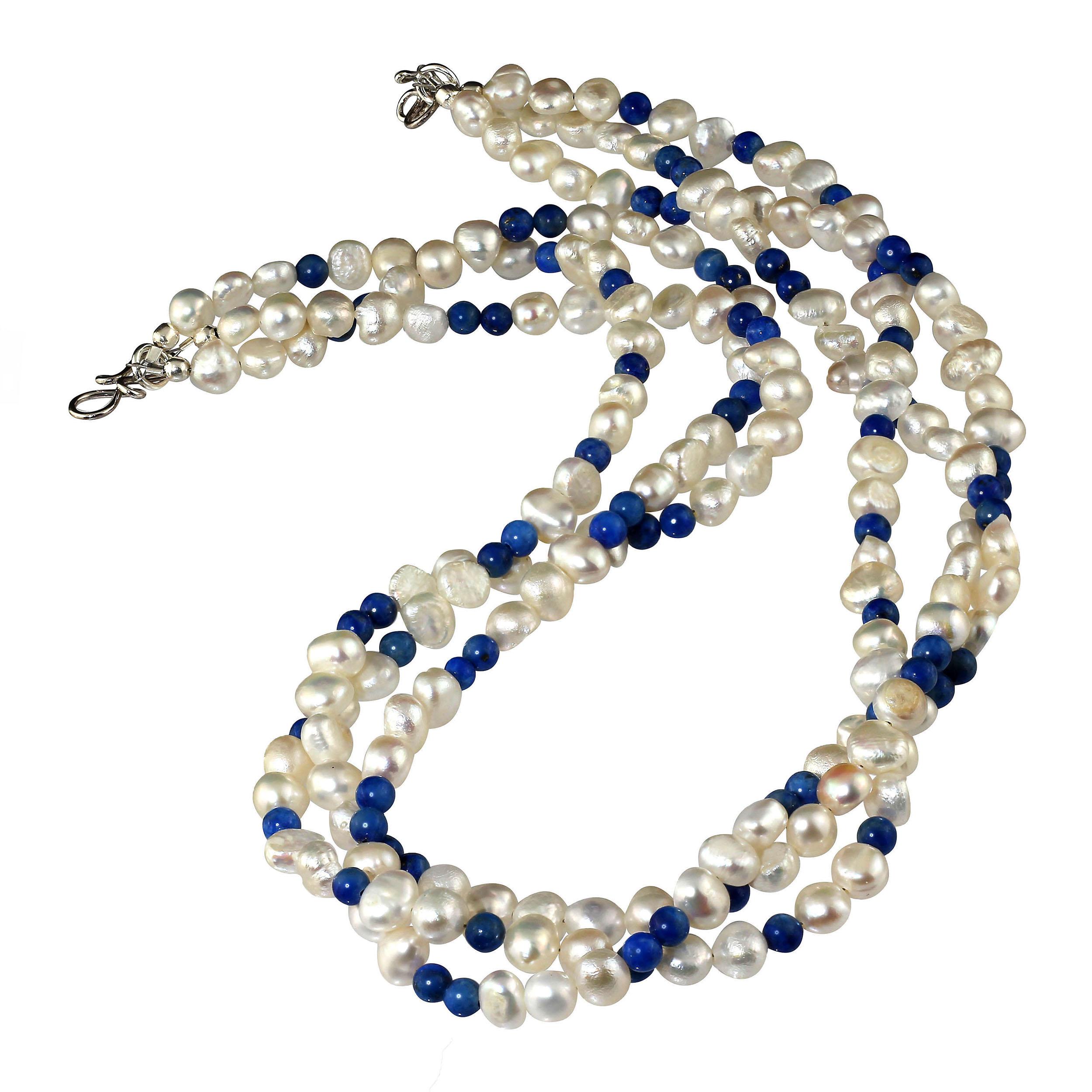 Bead AJD Three-Strand 17 Inch  Necklace  White Pearls and Lapis Lazuli   Great Gift!!