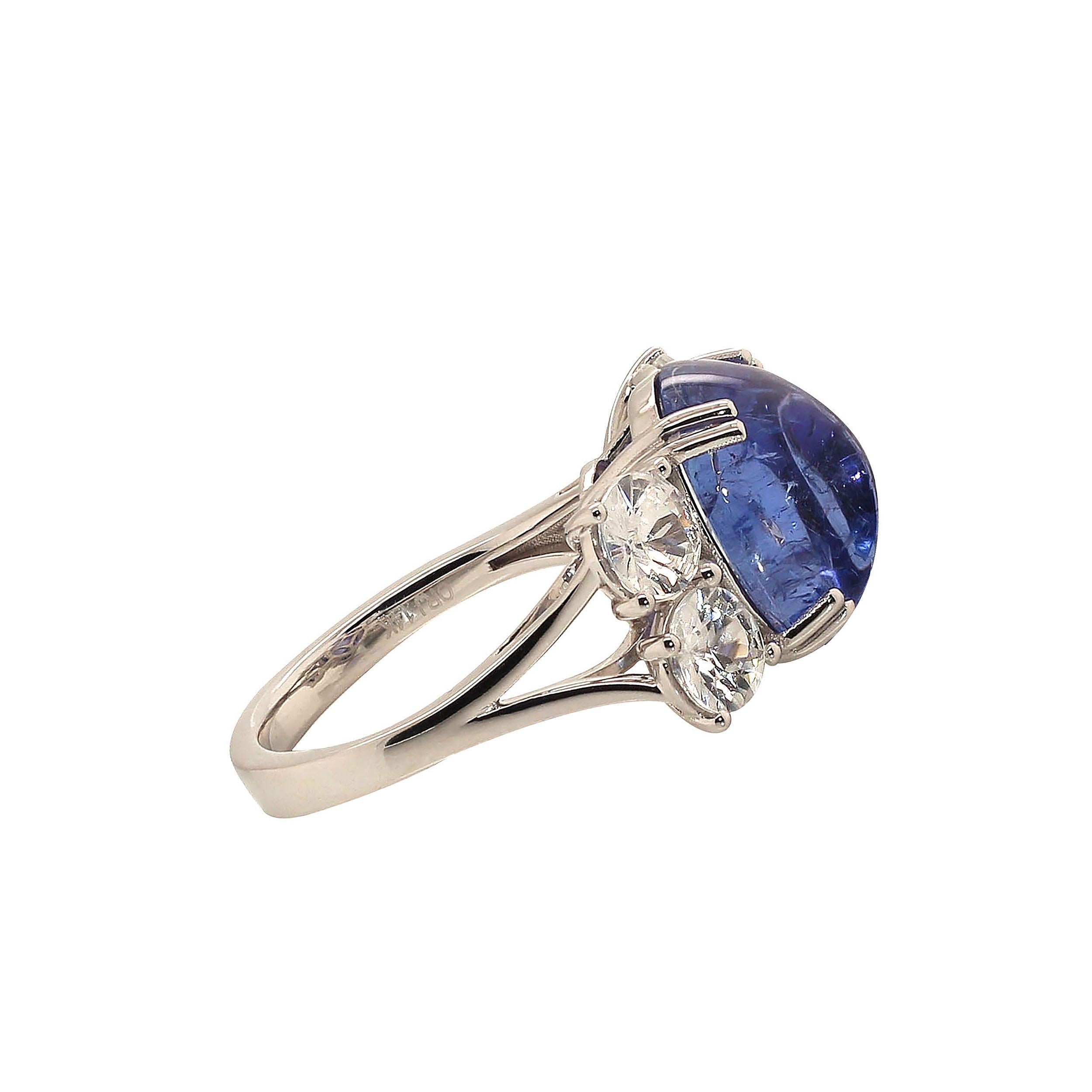 Women's or Men's AJD Dinner Ring of Cabochon Tanzanite and Sparkling Genuine Zircons For Sale