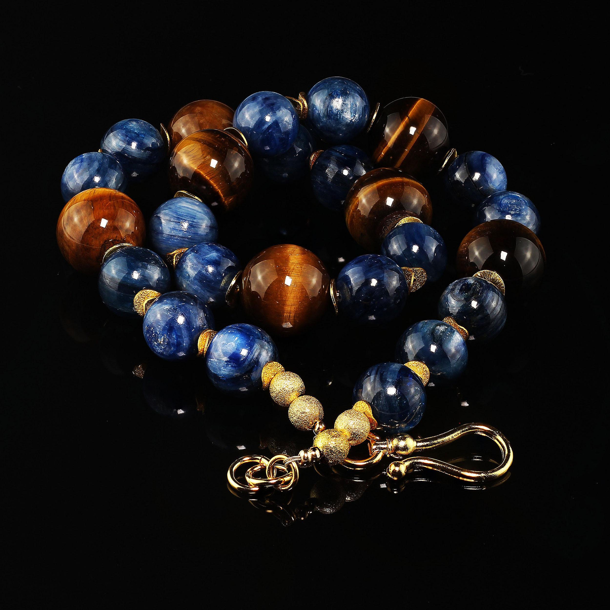 Bead AJD 20 Inch Distinctive Necklace of Natural Tiger's Eye and Blue Kyanite For Sale