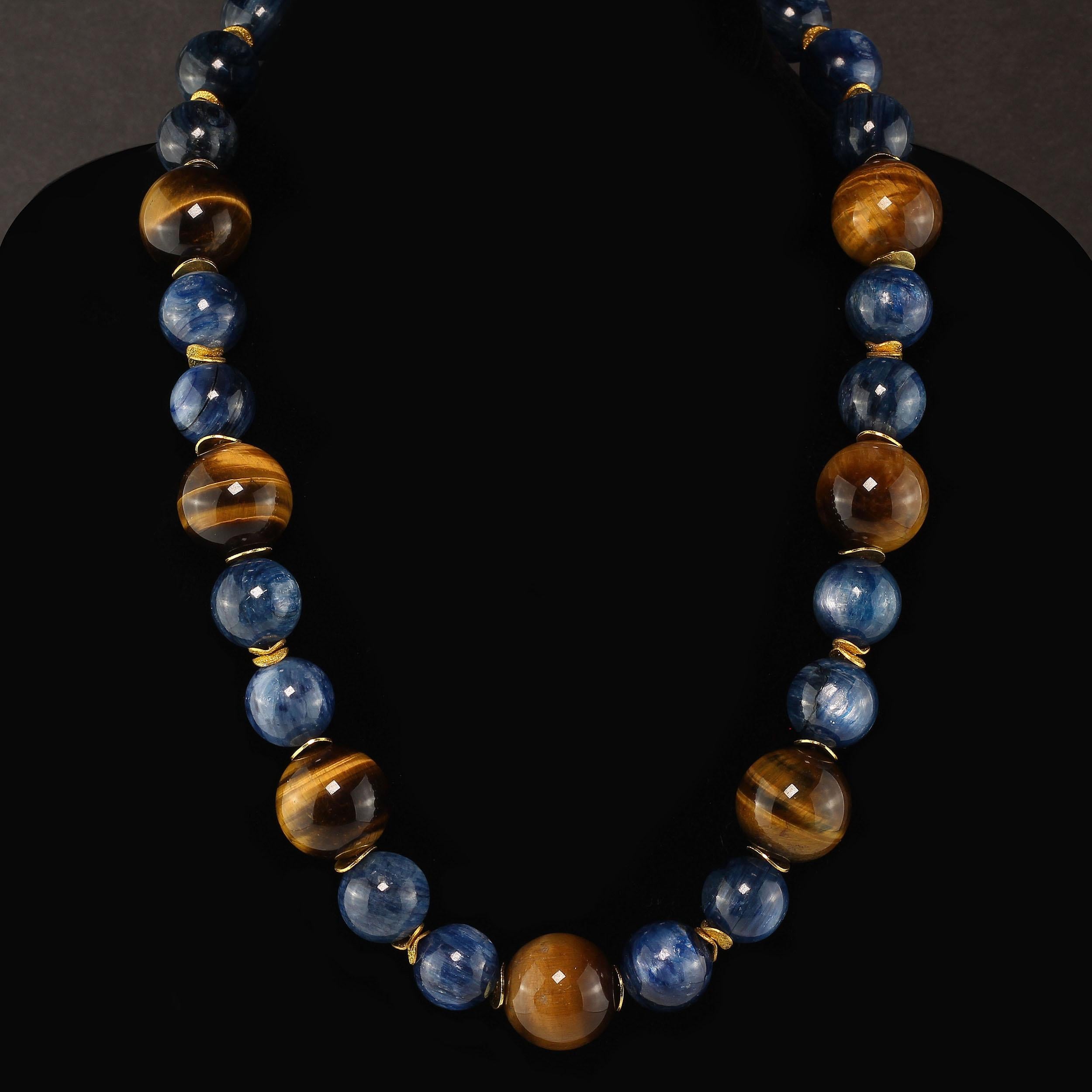 Women's or Men's AJD 20 Inch Distinctive Necklace of Natural Tiger's Eye and Blue Kyanite For Sale