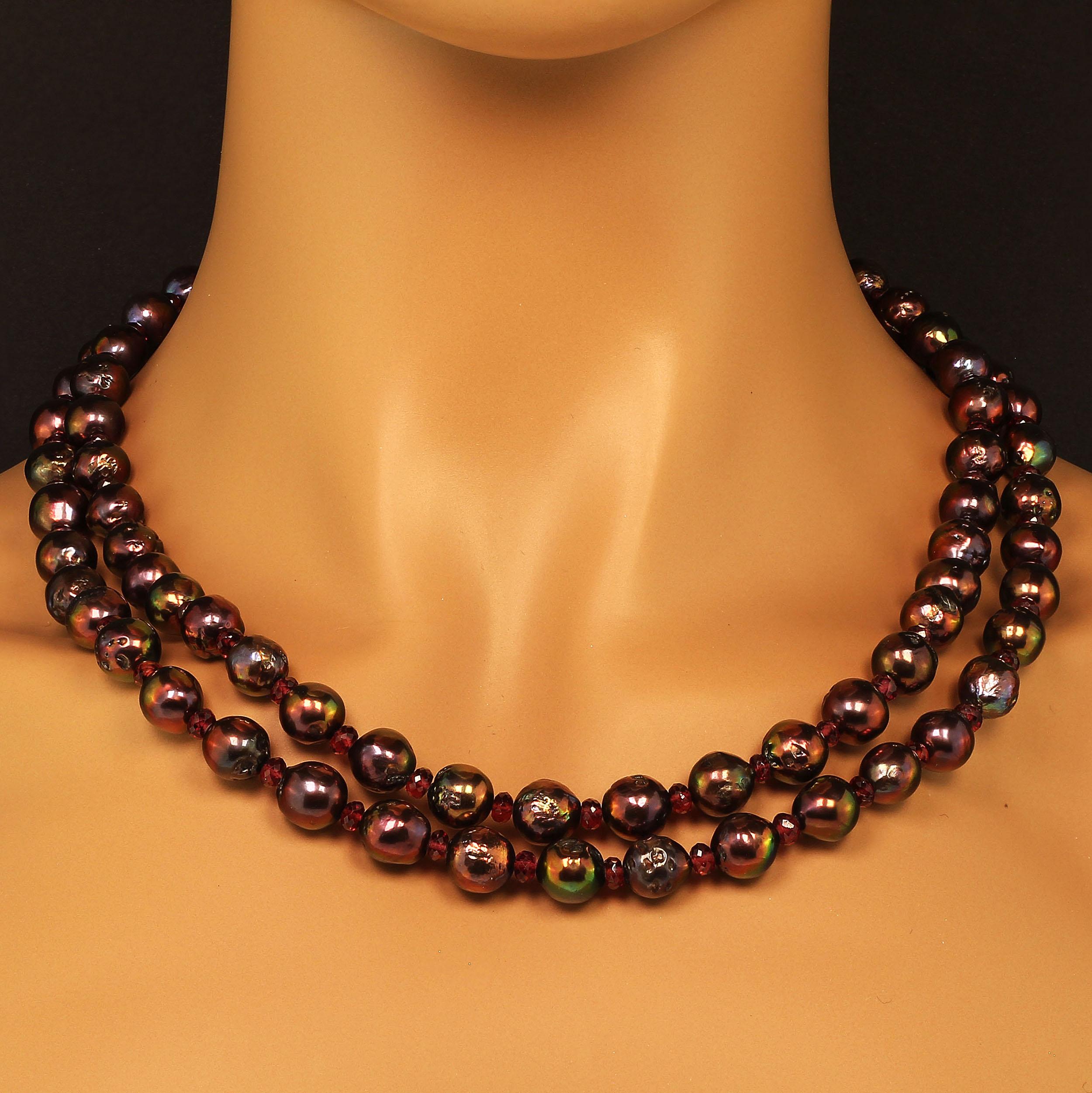 AJD Double Strand Aubergine Pearl and Garnet Necklace   June Birthstone In New Condition In Raleigh, NC