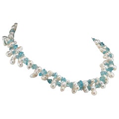 AJD Double Strand of White Pearls and Blue Apatite Necklace