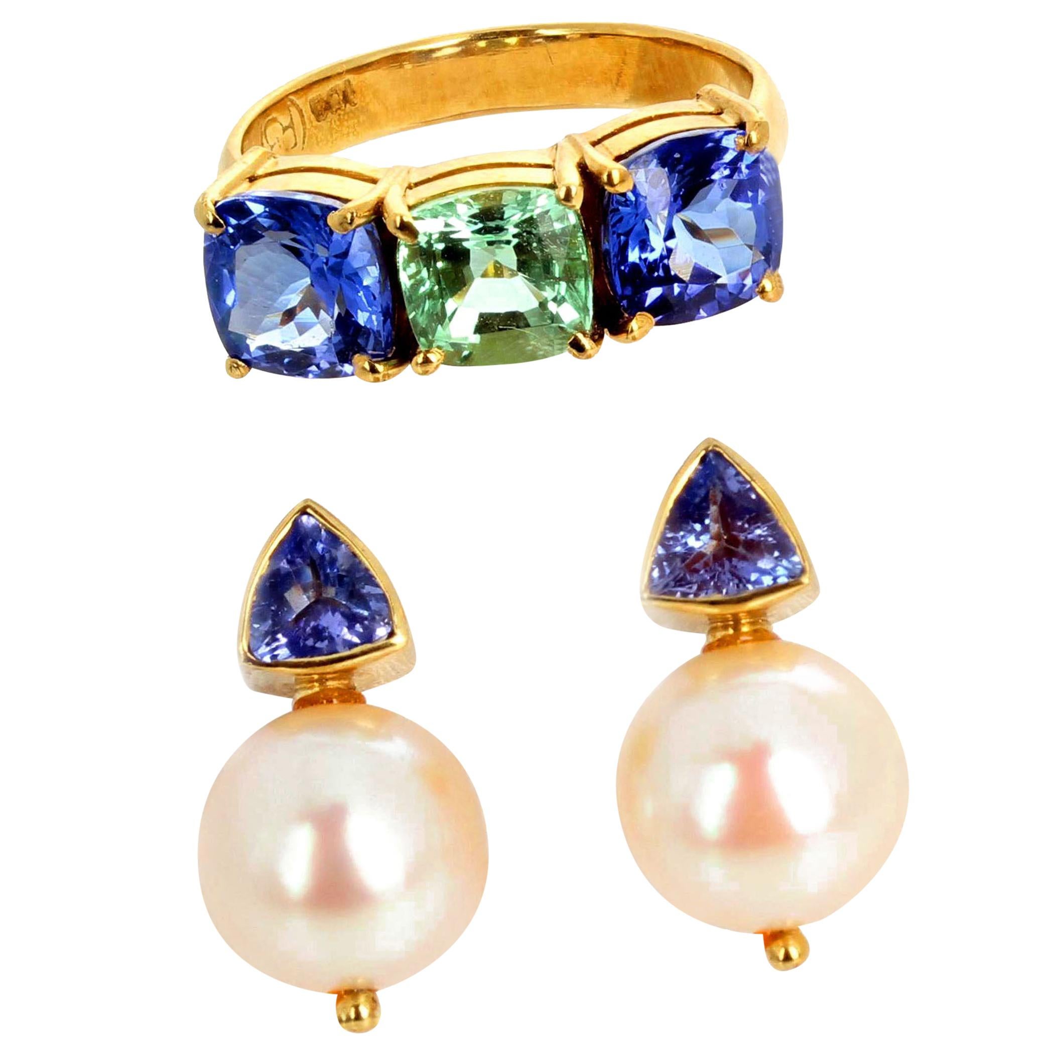 AJD Amazing RARE Paraiba Tourmaline & Blue Tanzanite Ring & Pearl Earrings For Sale