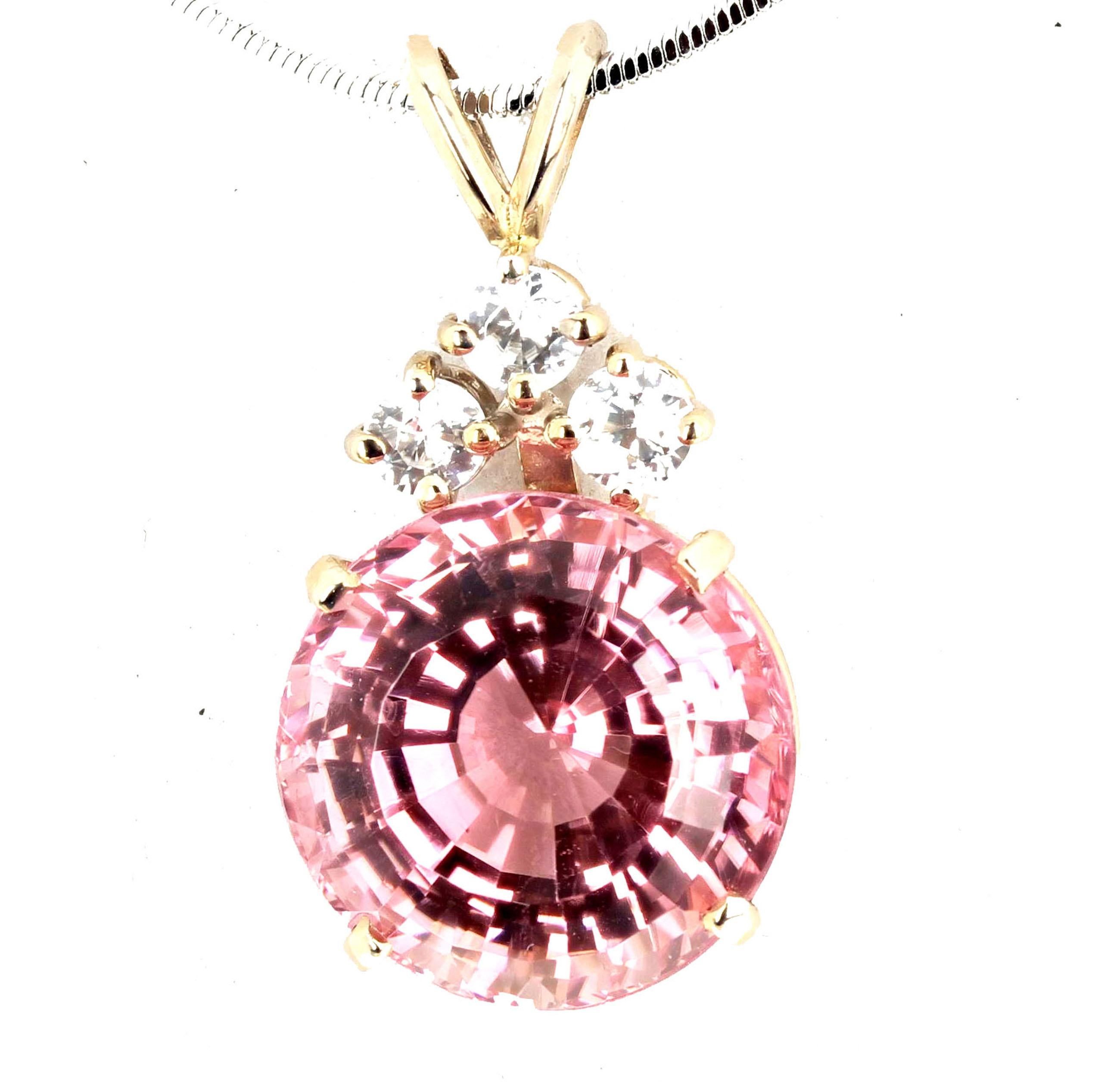 Round Cut AJD RARE BEAUTIFUL 18 Ct. Brilliant Pink Tourmaline & Sparkling Spinel Pendant For Sale