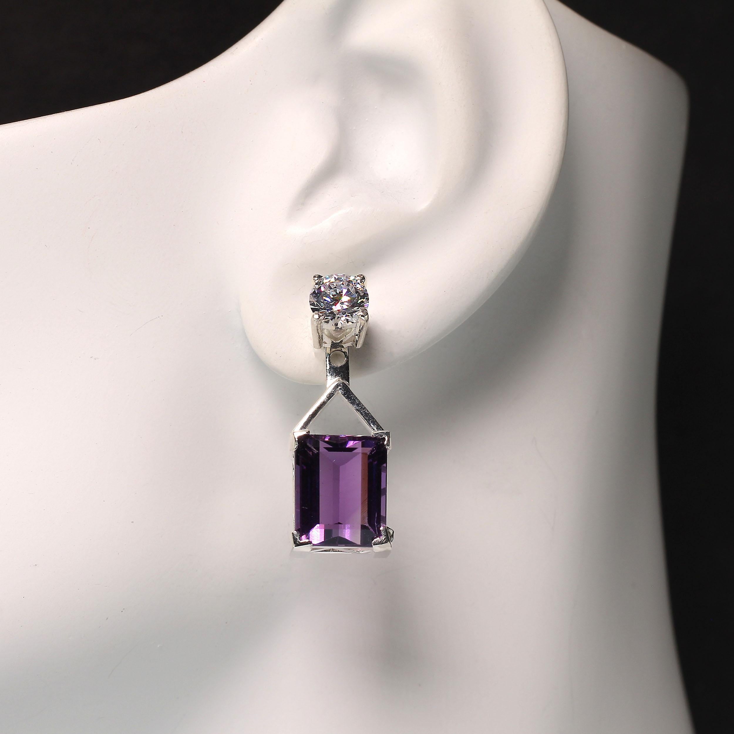 Hand made Sterling Silver baskets hold emerald cut Amethysts dangling from sparkling round Cambodian Zircons. These elegant earrings are perfect for day into evening wear. You can also wear only the scintilating Cambodian Zircon stud when you