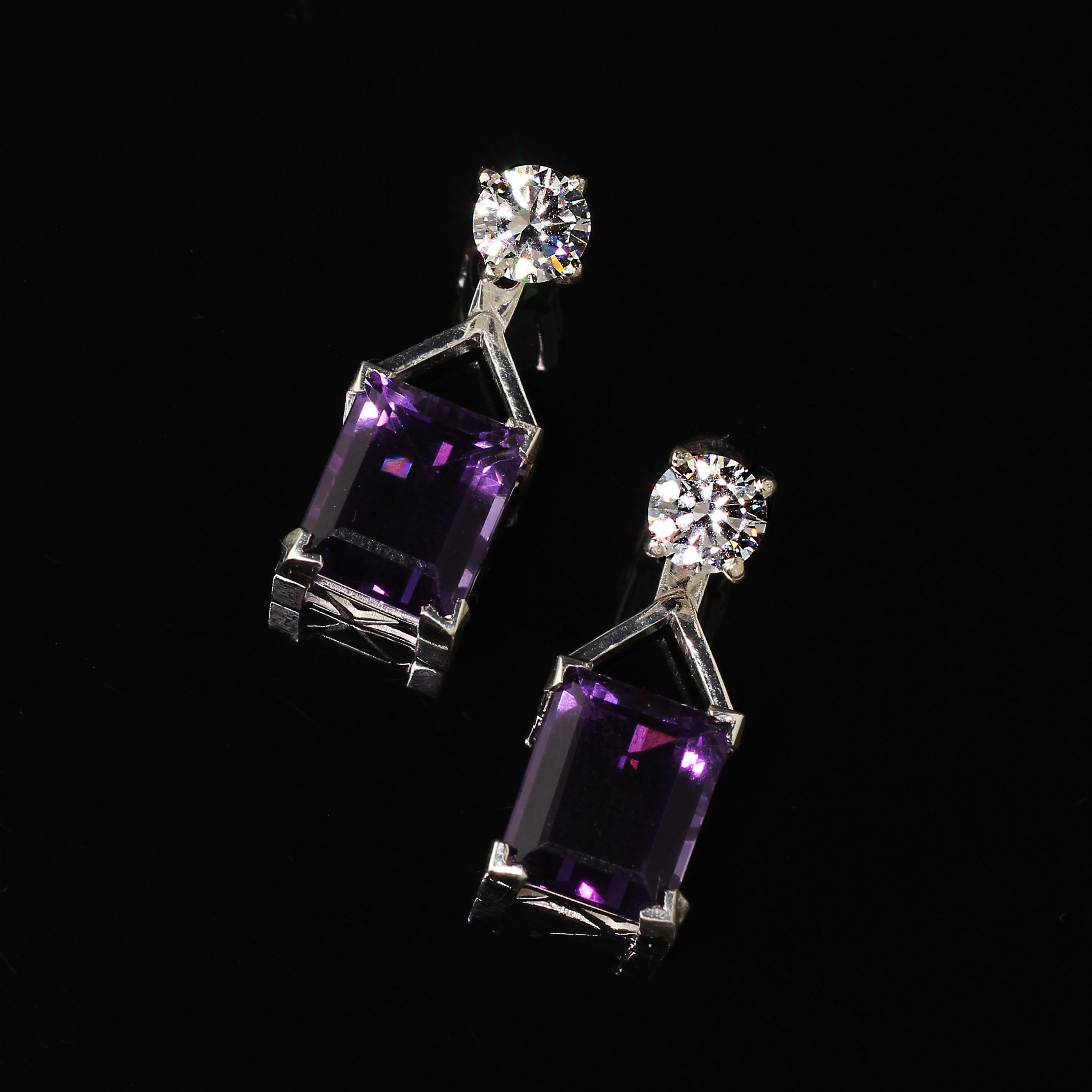 Emerald Cut Earrings of Sparkling Zircons and Purple Amethysts February Birthstone