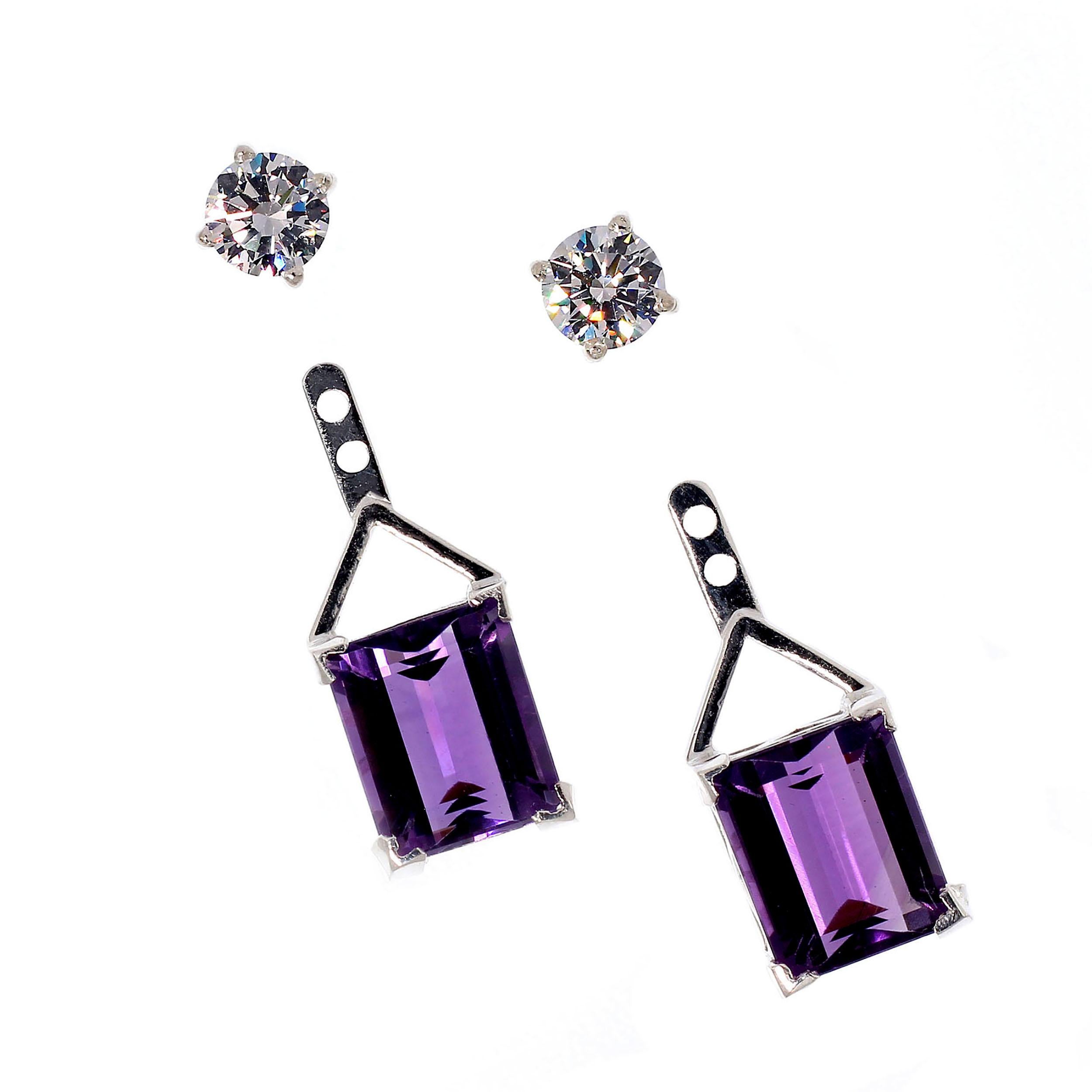 Women's or Men's Earrings of Sparkling Zircons and Purple Amethysts February Birthstone