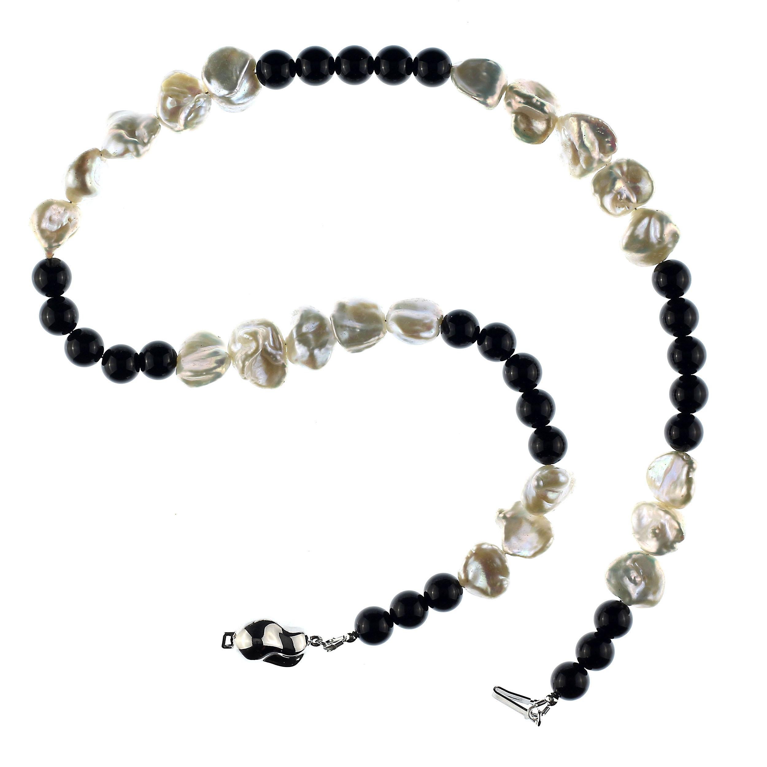 Artisan Gemjunky Elegant Black Onyx and White Pearl Necklace
