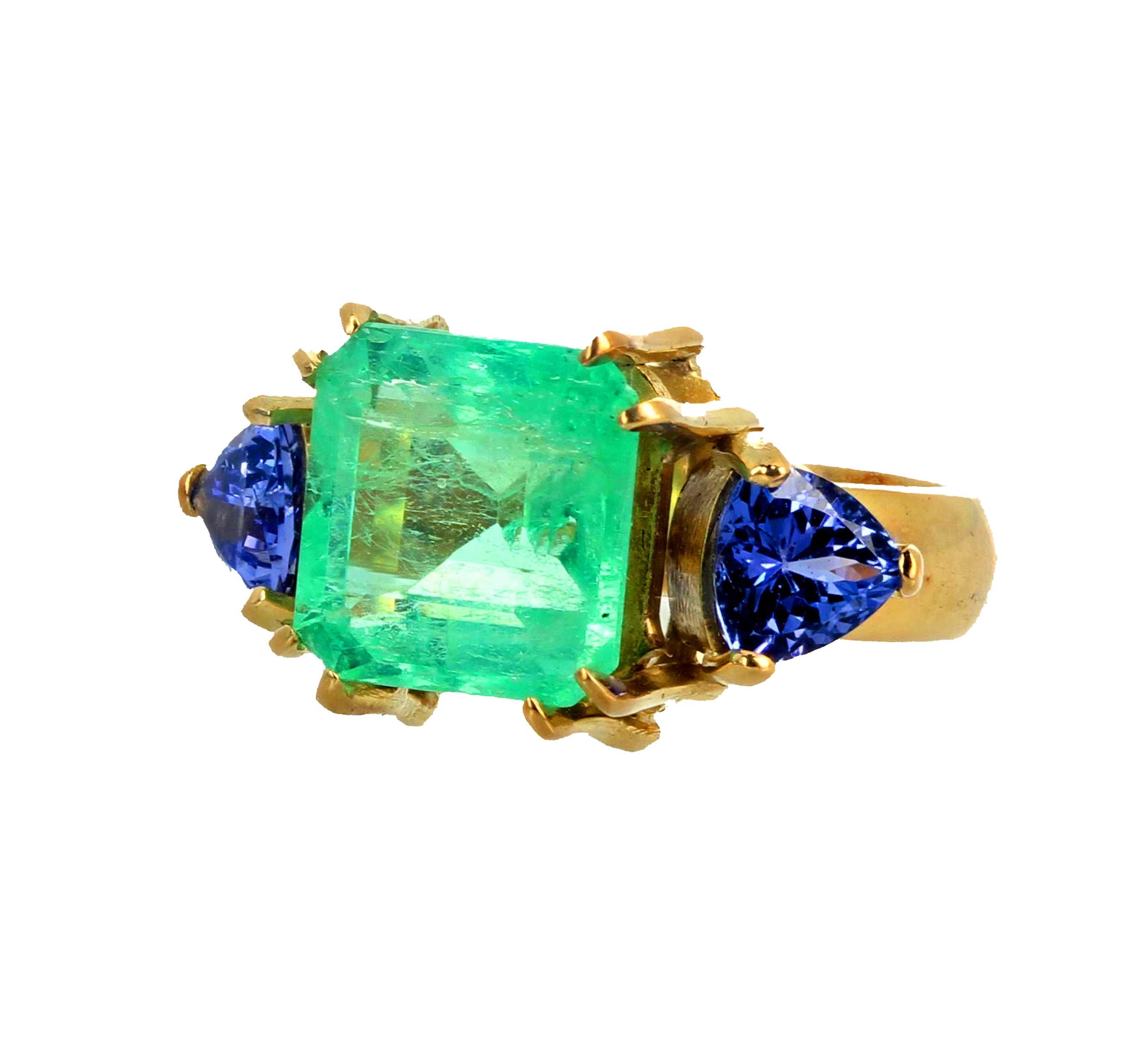 Gemjunky Elegant 2.8 Ct. Emerald & Natural Blue Tanzanite 18K Gold Cocktail Ring 2