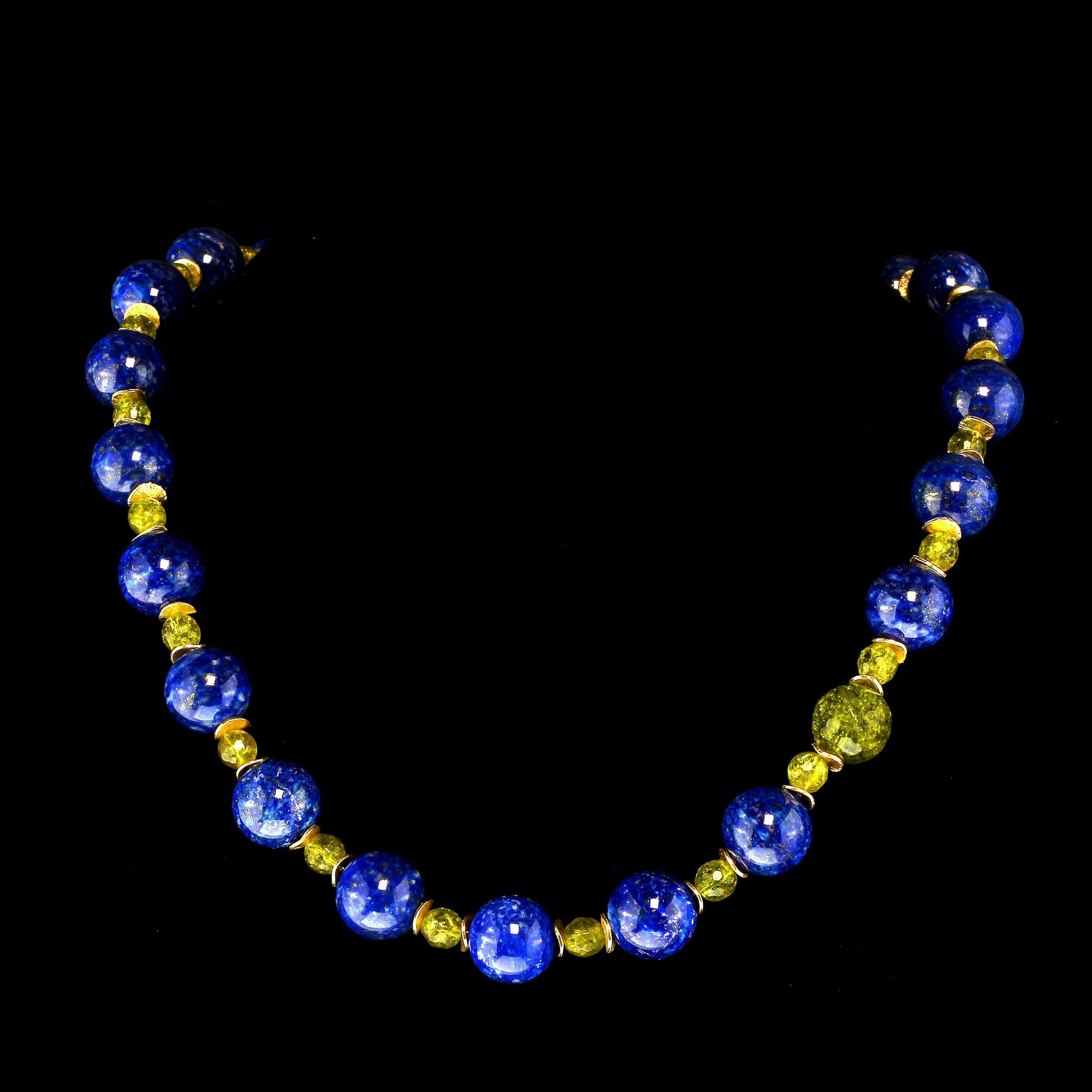 23 Inch Lapis Lazuli and Peridot necklace that will brighten your day. This lovely custom made necklace features 14 MM Lapis Lazuli and 8 MM Peridot. Lapis is one of the oldest opaque gemstones in history.  More than 6,500 years.  The blue and green